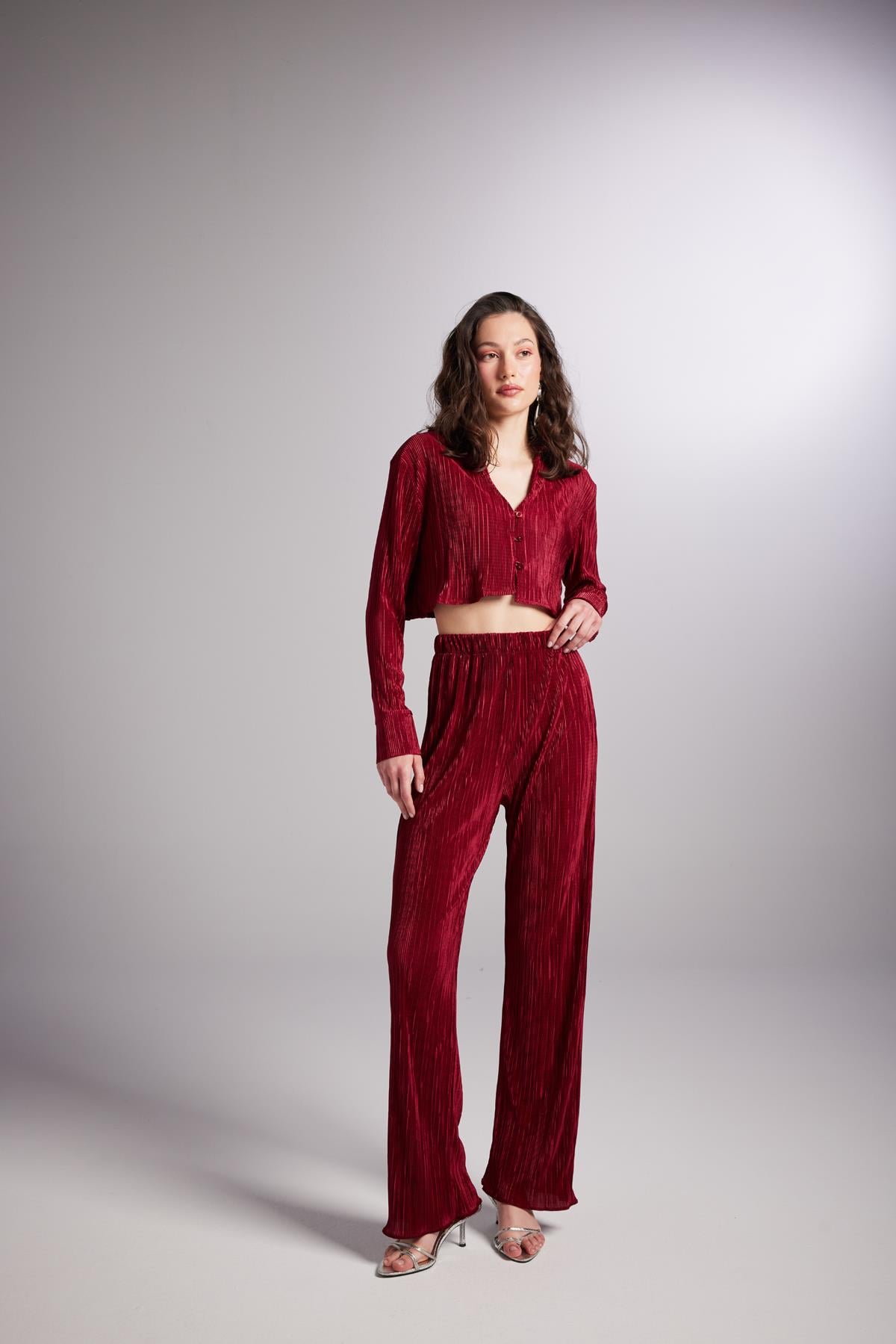 Image of Beli Lastikli Esnek Comfy Pantolon Bordo