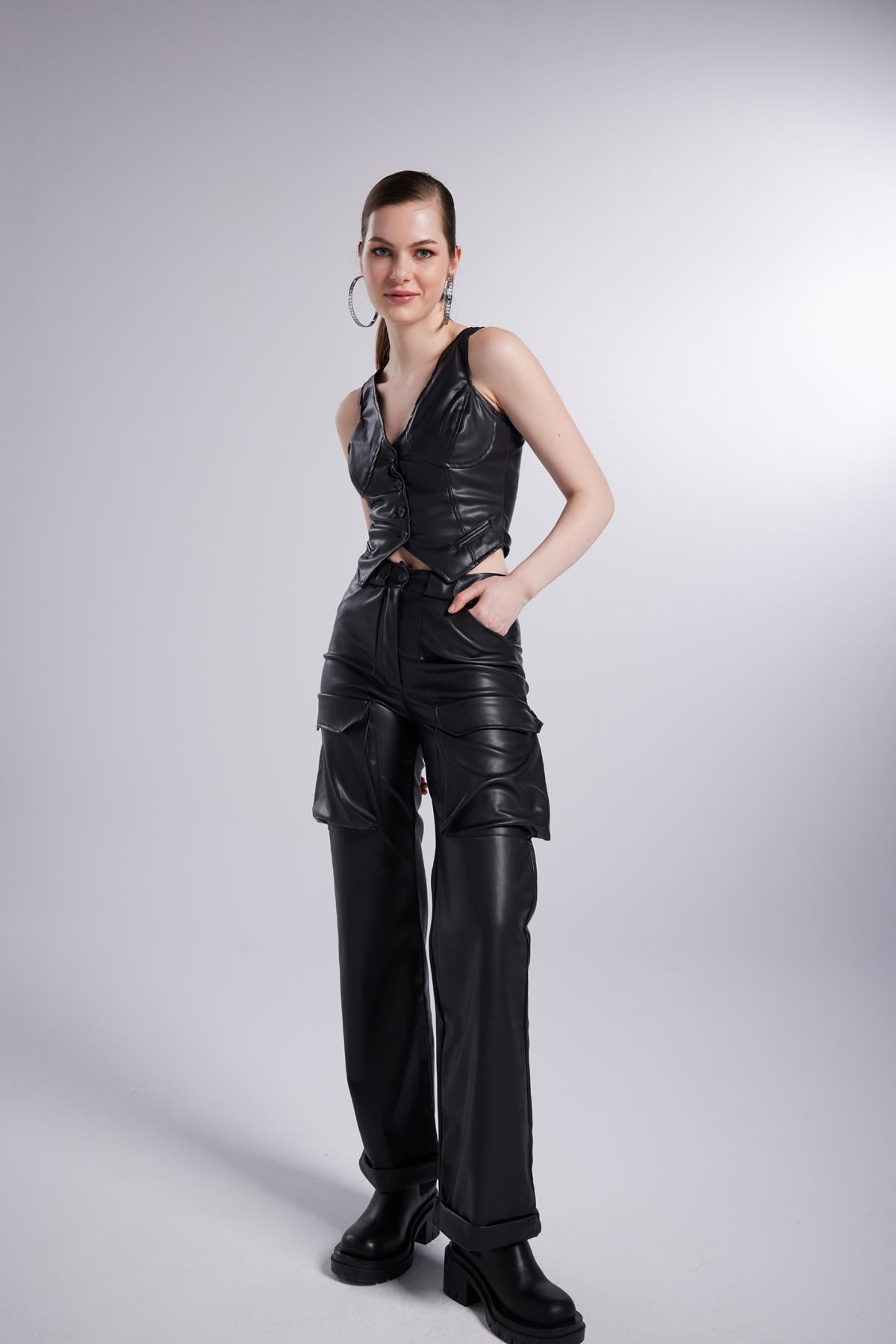 Image of Kargo Cepli Vegan Hera Deri Pantolon Siyah