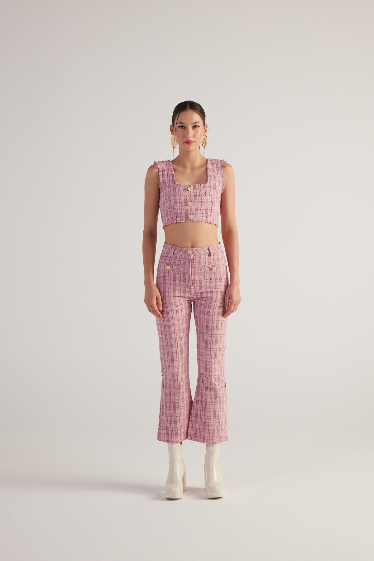 Image of İspanyol Kesim Tüvit Tweed Pantolon Pembe