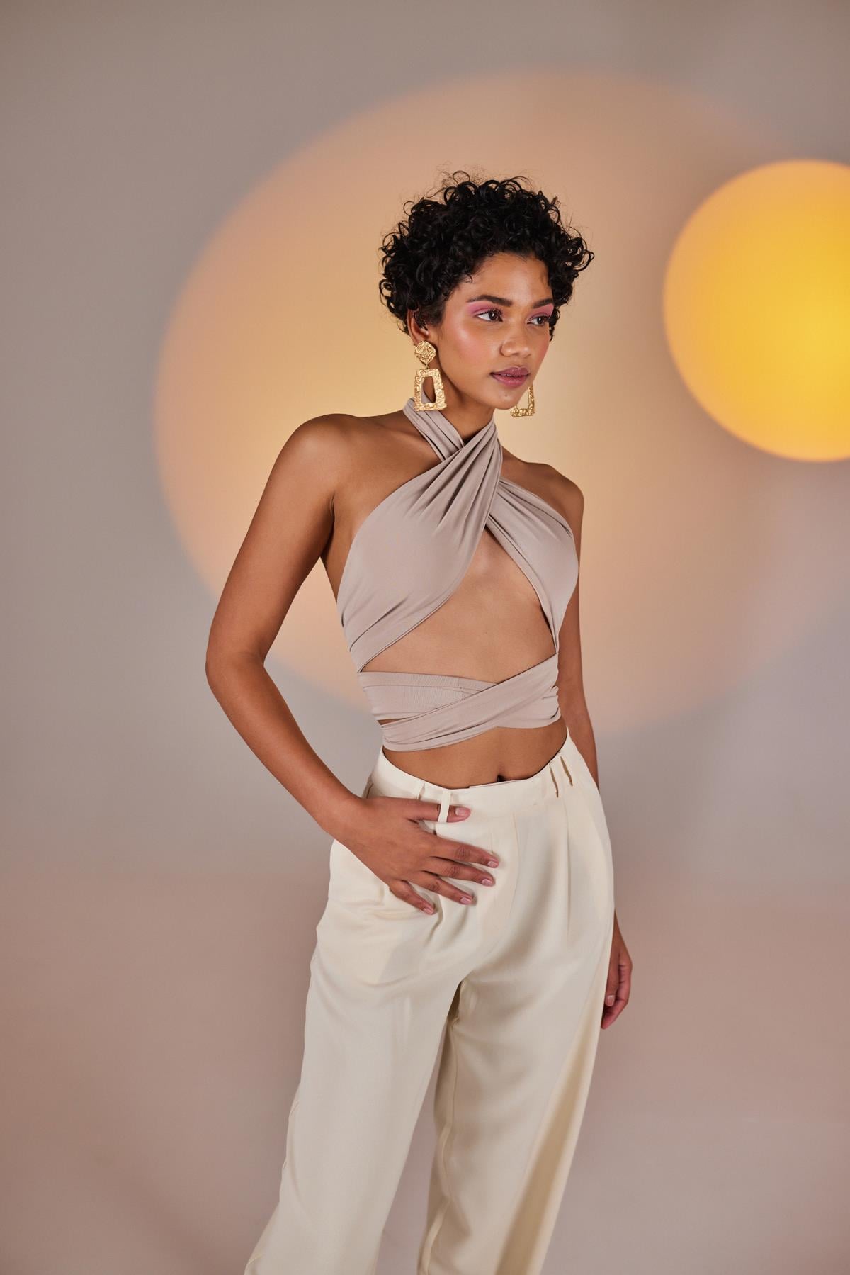 Image of Crop Model Wrap Top Bej
