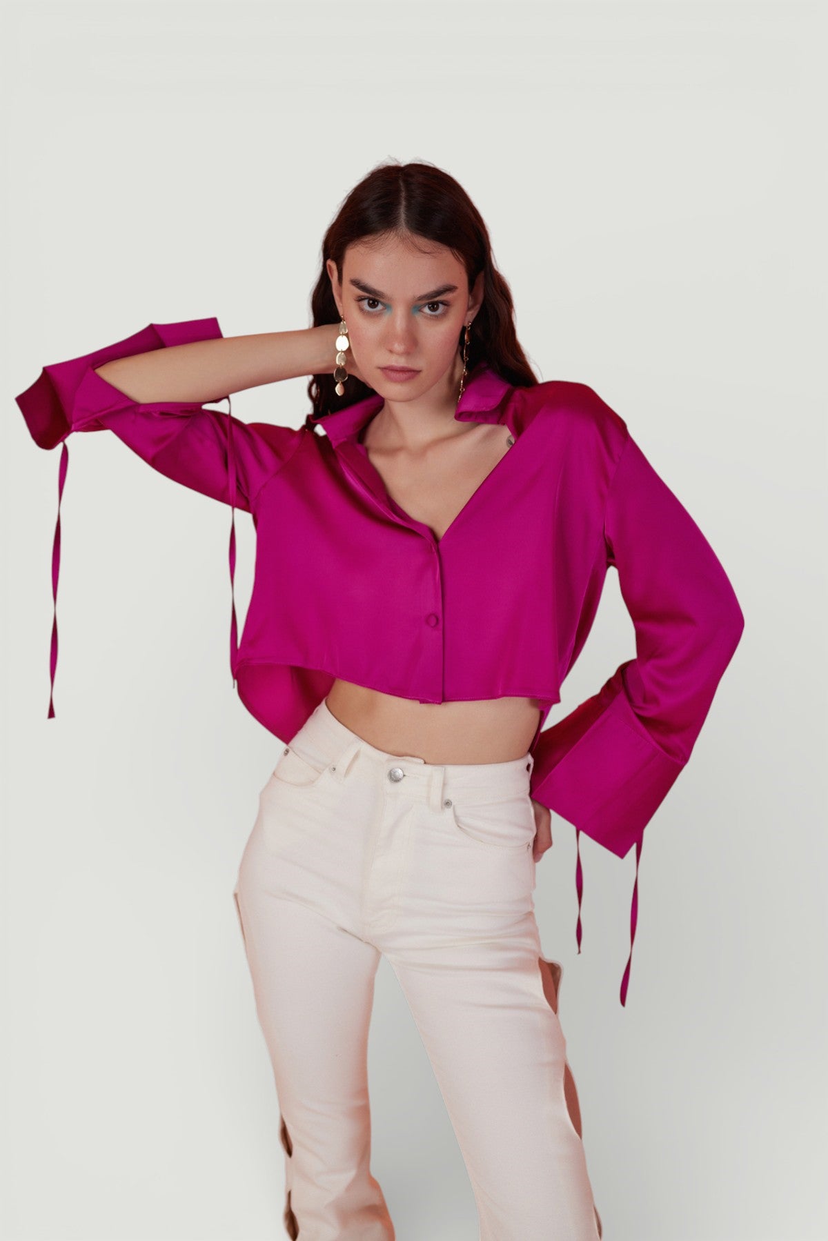 Image of Özel Dokulu Saten Crop Silky Gömlek Pembe