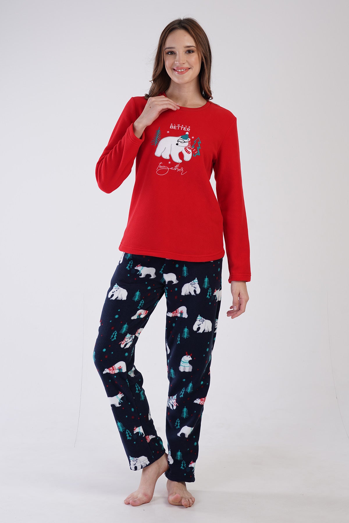 Image of KADIN POLAR O YAKA UZUN KOL ETEGI OVAL CEPLI PIJAMA TAKIM