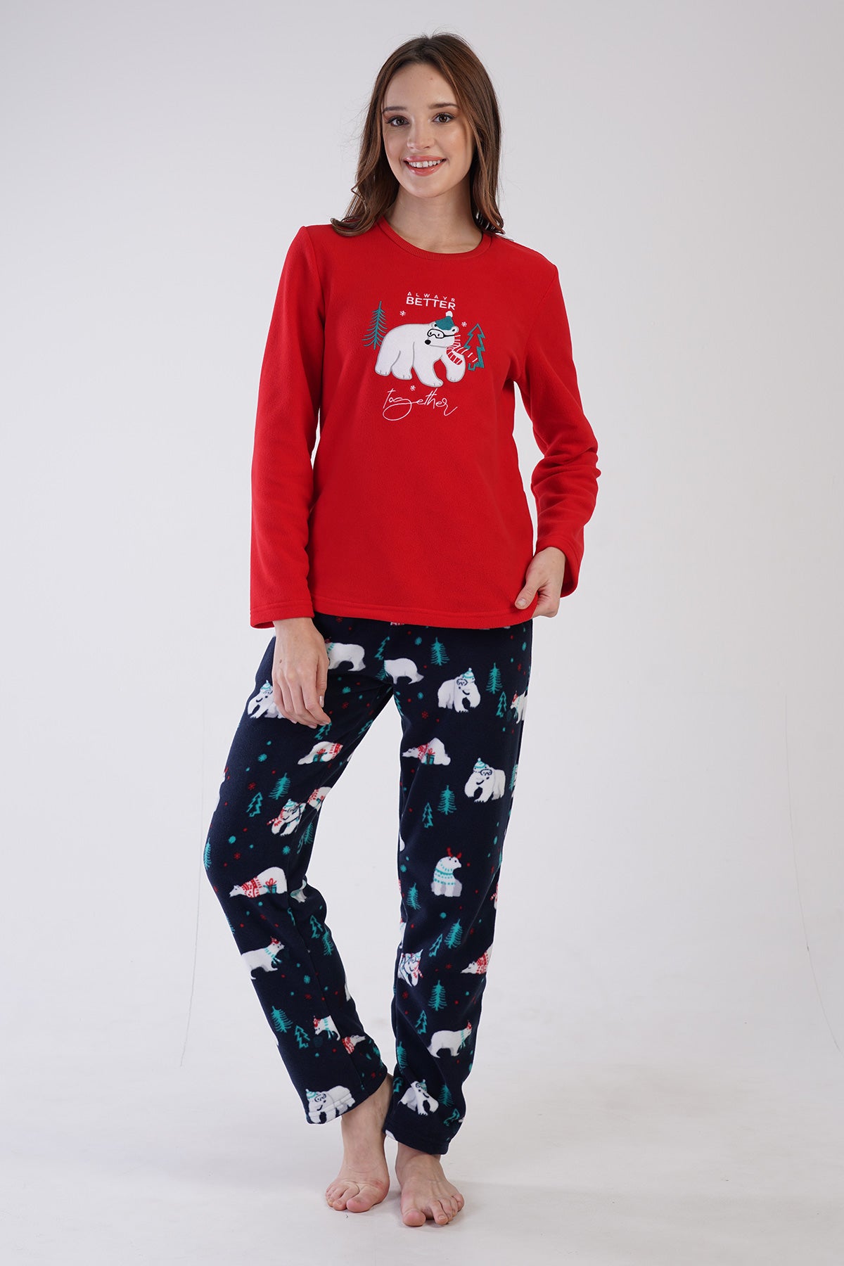 Image of KADIN POLAR O YAKA UZUN KOL ETEGI OVAL CEPLI PIJAMA TAKIM
