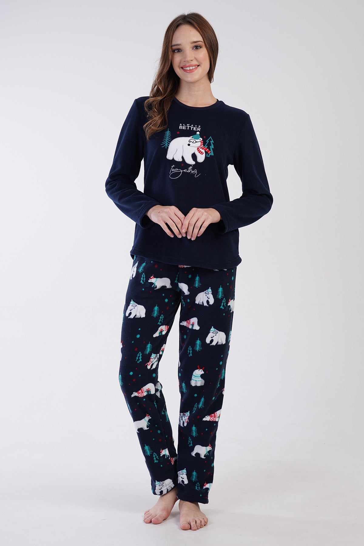 Image of KADIN POLAR O YAKA UZUN KOL ETEGI OVAL CEPLI PIJAMA TAKIM