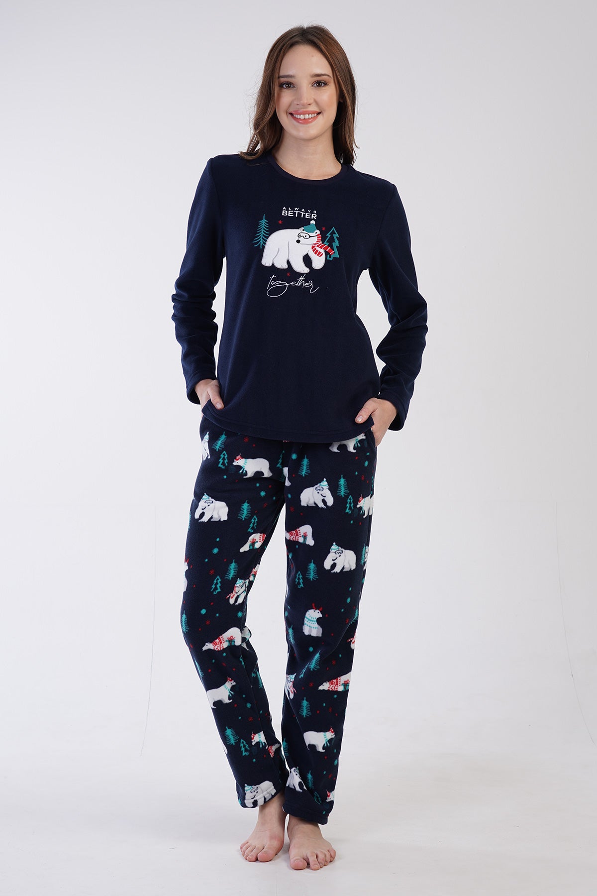 Image of KADIN POLAR O YAKA UZUN KOL ETEGI OVAL CEPLI PIJAMA TAKIM
