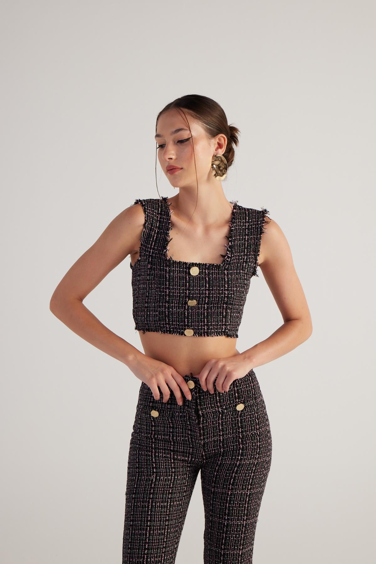 Image of Tüvit Kumaş Crop Tweed Büstiyer Siyah