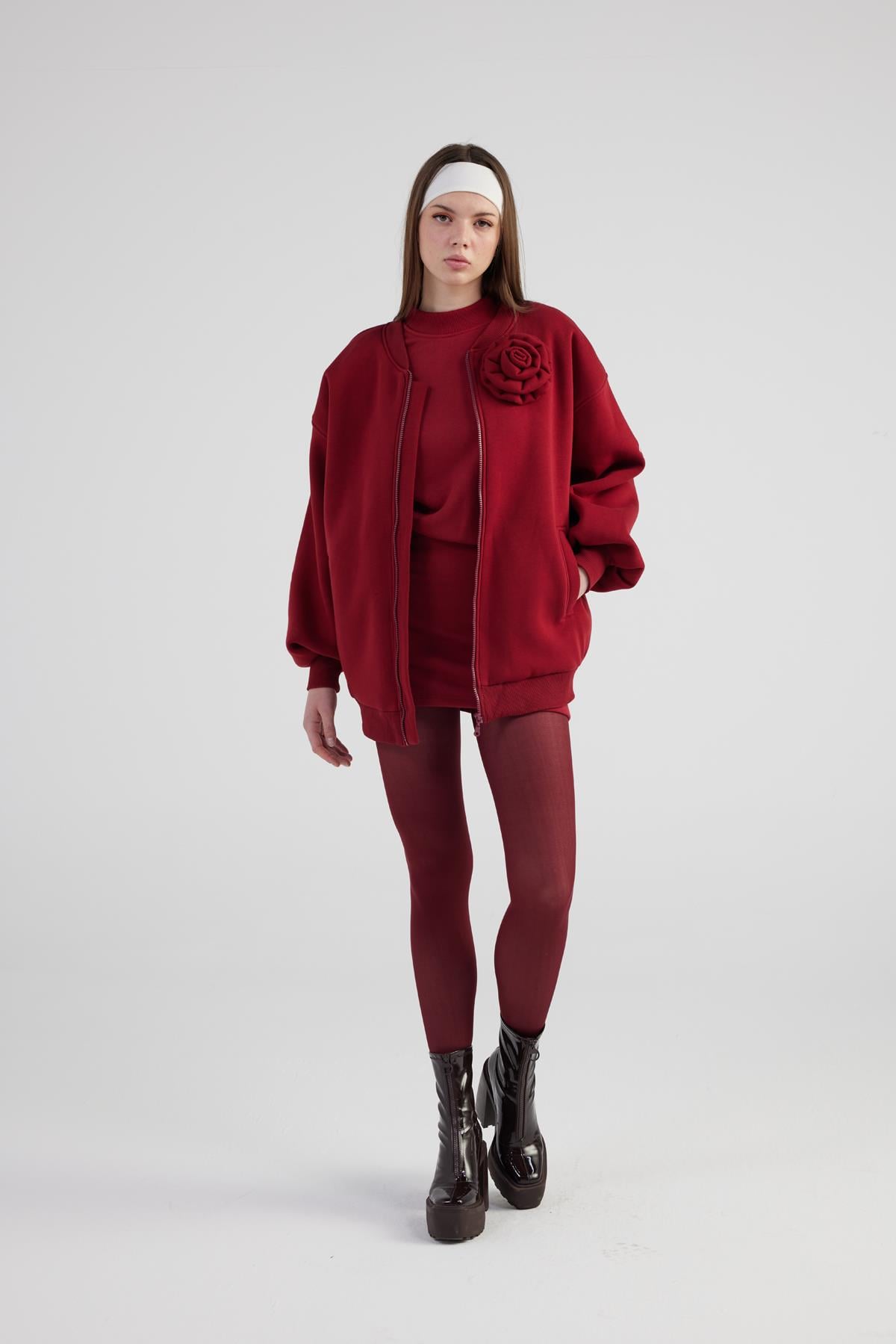 Image of Oversize Çıkarılabilir Gül Detaylı Astarlı Alexa Bomber Ceket Bordo