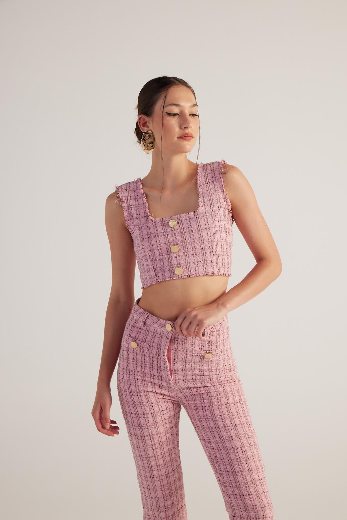 Image of Tüvit Kumaş Crop Tweed Büstiyer Pembe