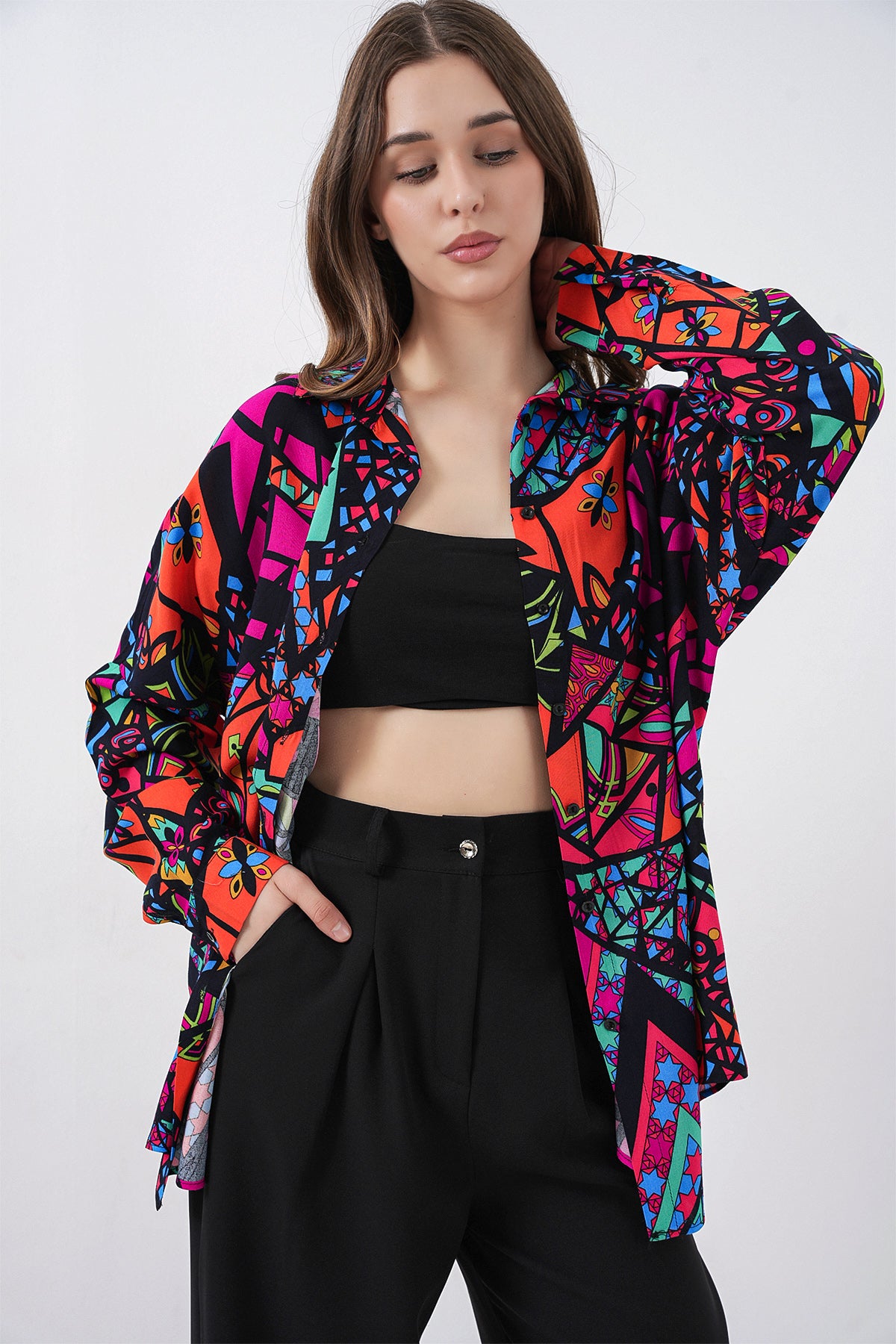 Image of 3721 Grafik Desenli Gömlek - Fuşya
