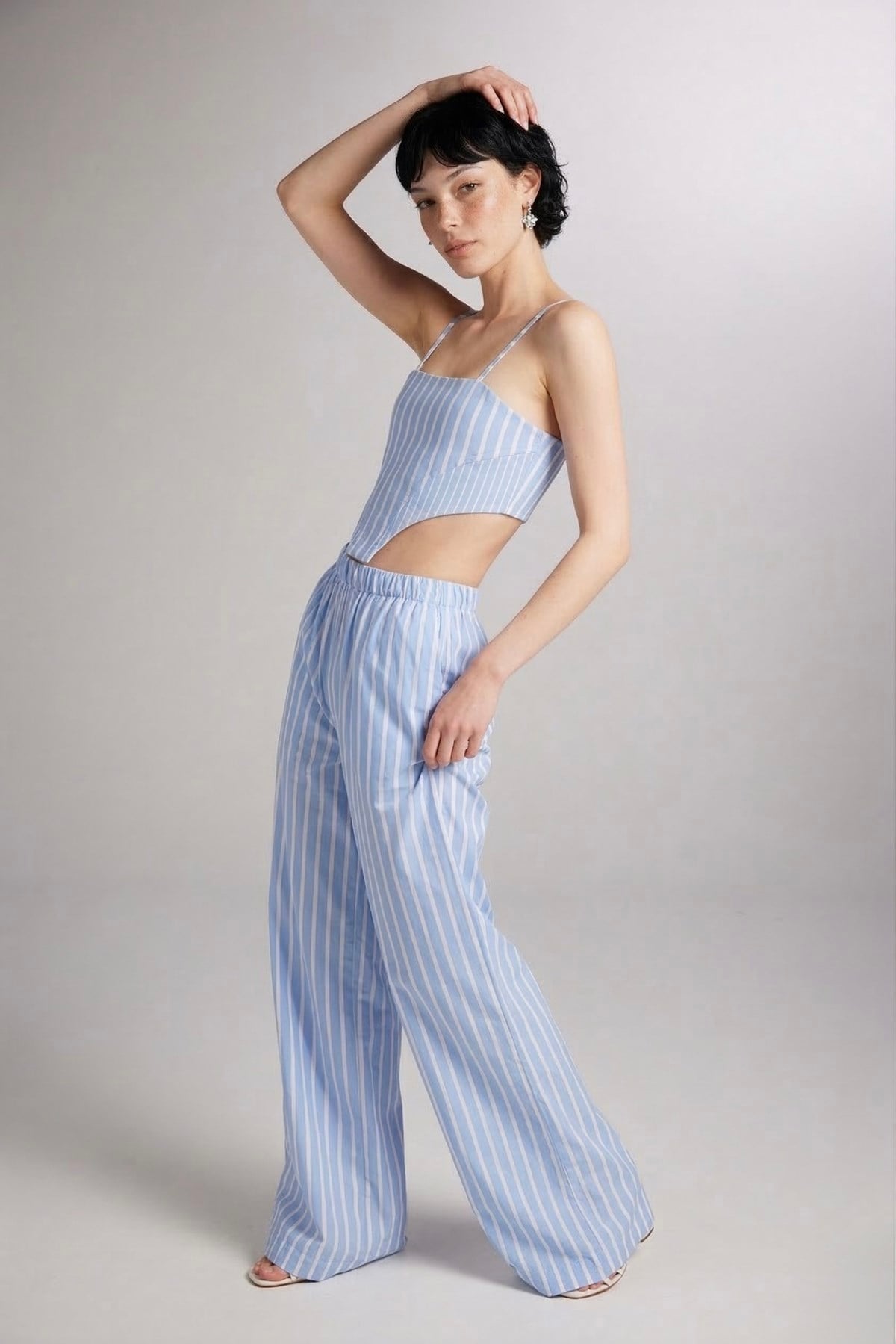 Image of Askılı Çizgili Harmony Poplin Büstiyer Mavi