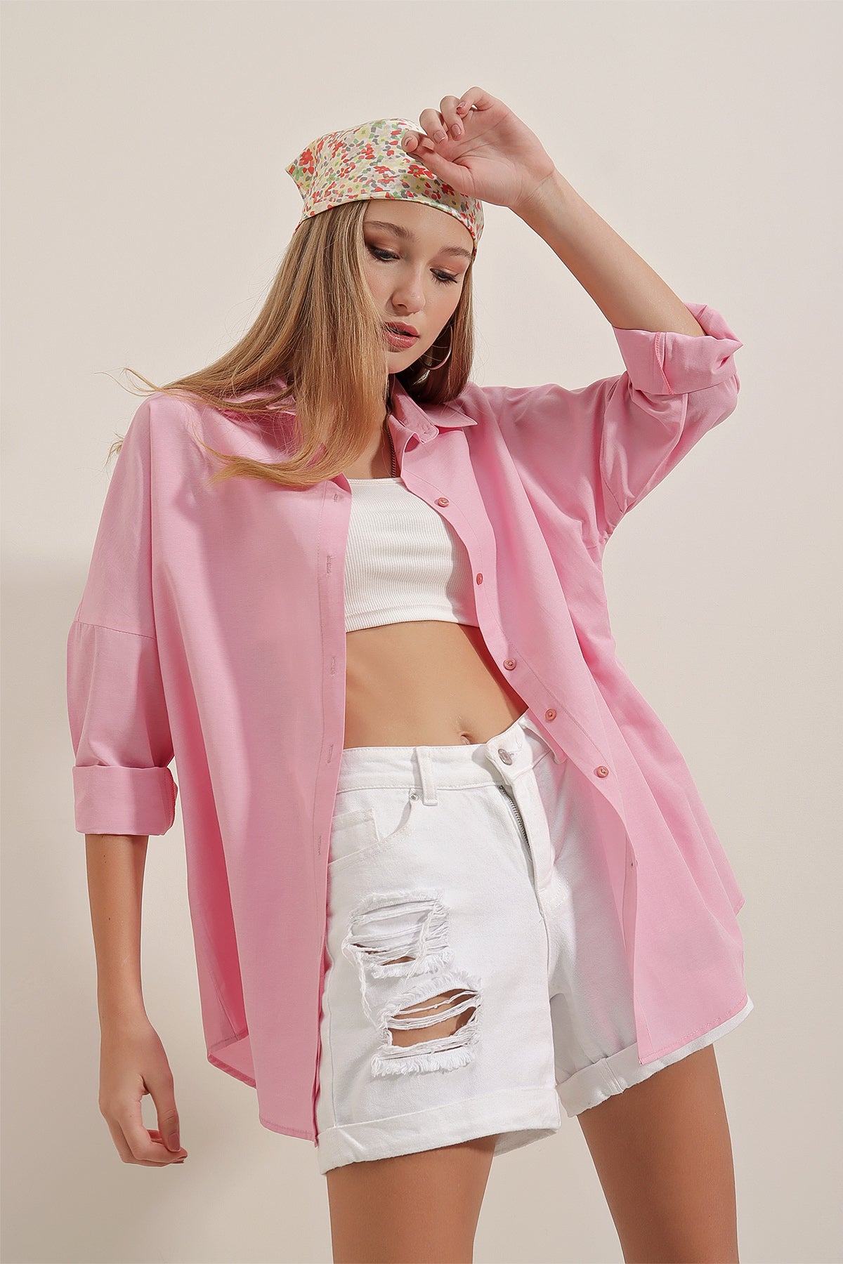 Image of 3900 Oversize Uzun Basic Gömlek - Pembe