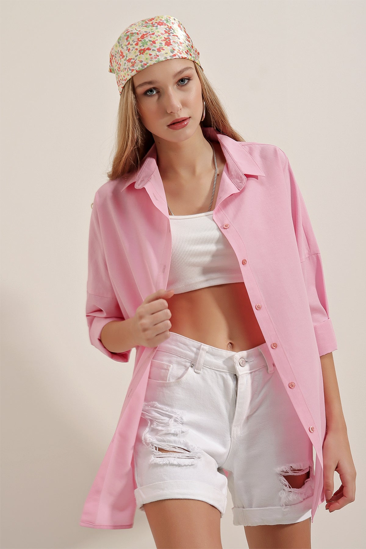 Image of 3900 Oversize Uzun Basic Gömlek - Pembe