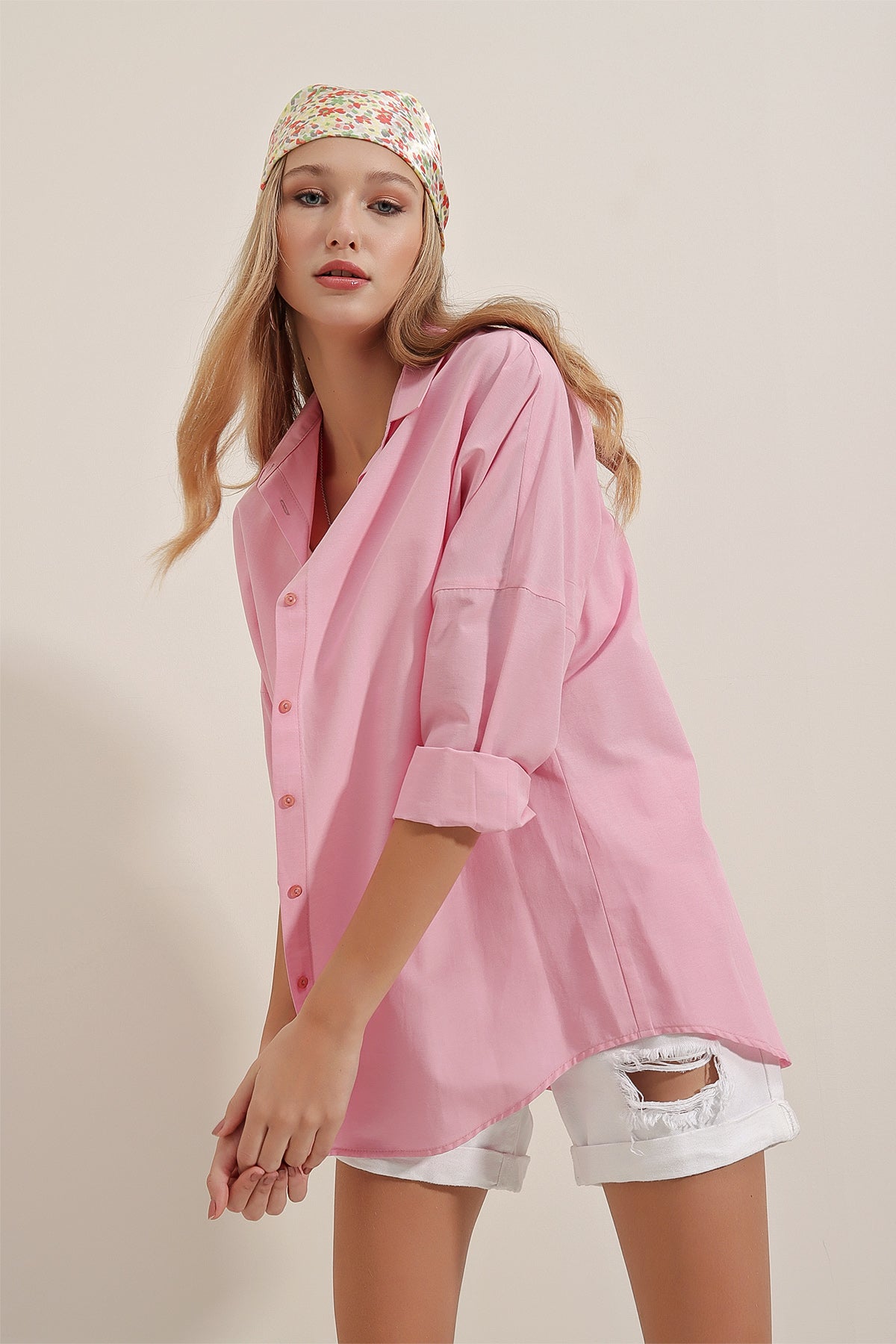 Image of 3900 Oversize Uzun Basic Gömlek - Pembe