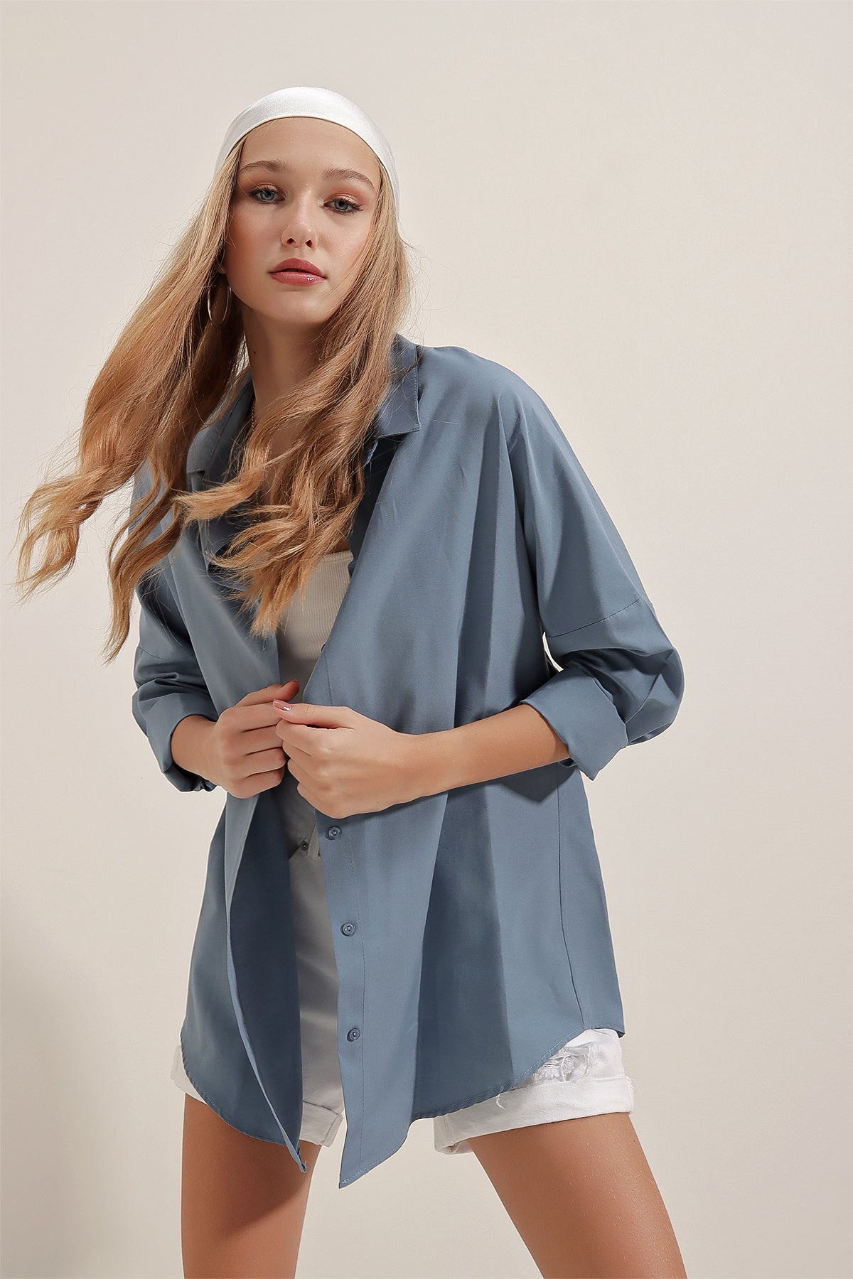 Image of 3900 Oversize Uzun Basic Gömlek - İndigo