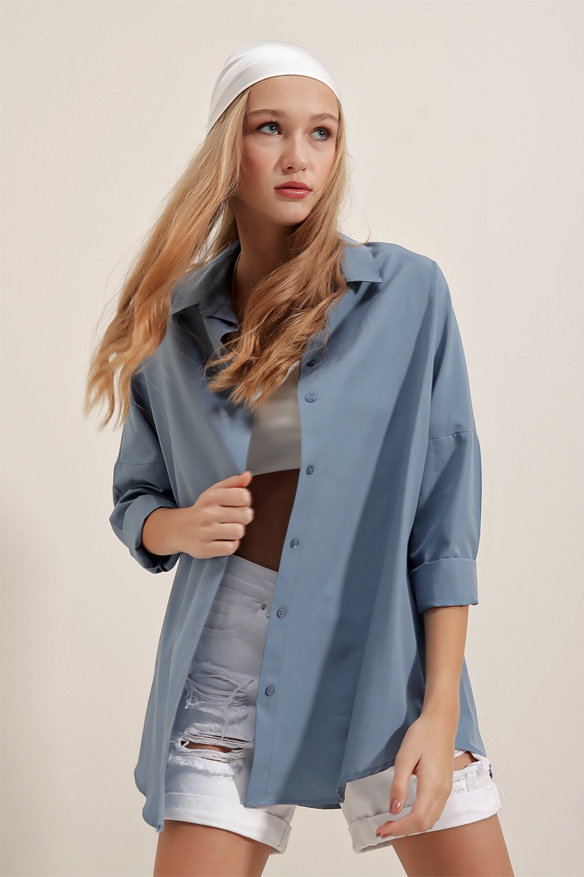Image of 3900 Oversize Uzun Basic Gömlek - İndigo