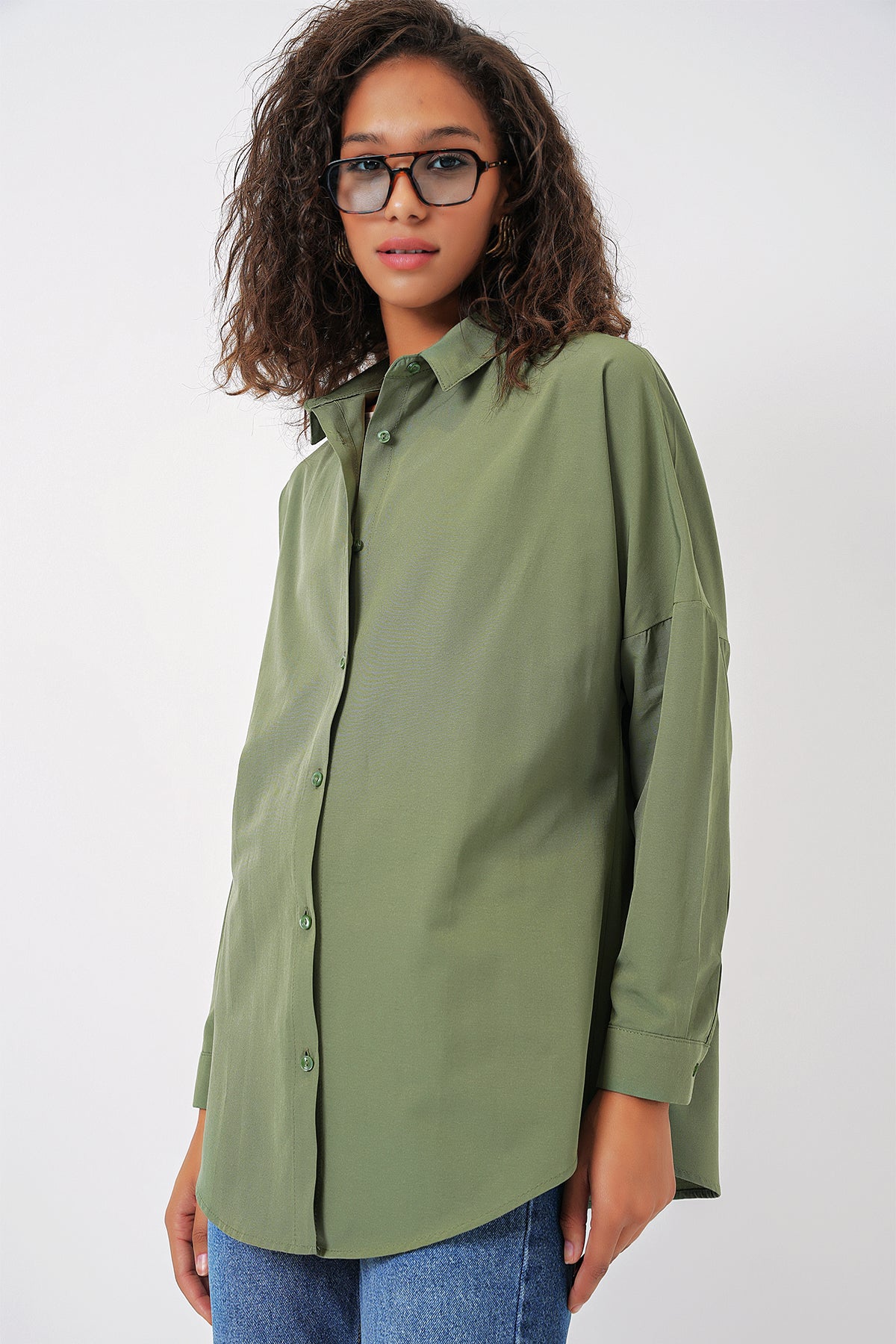 Image of 3900 Oversize Uzun Basic Gömlek - A.Haki