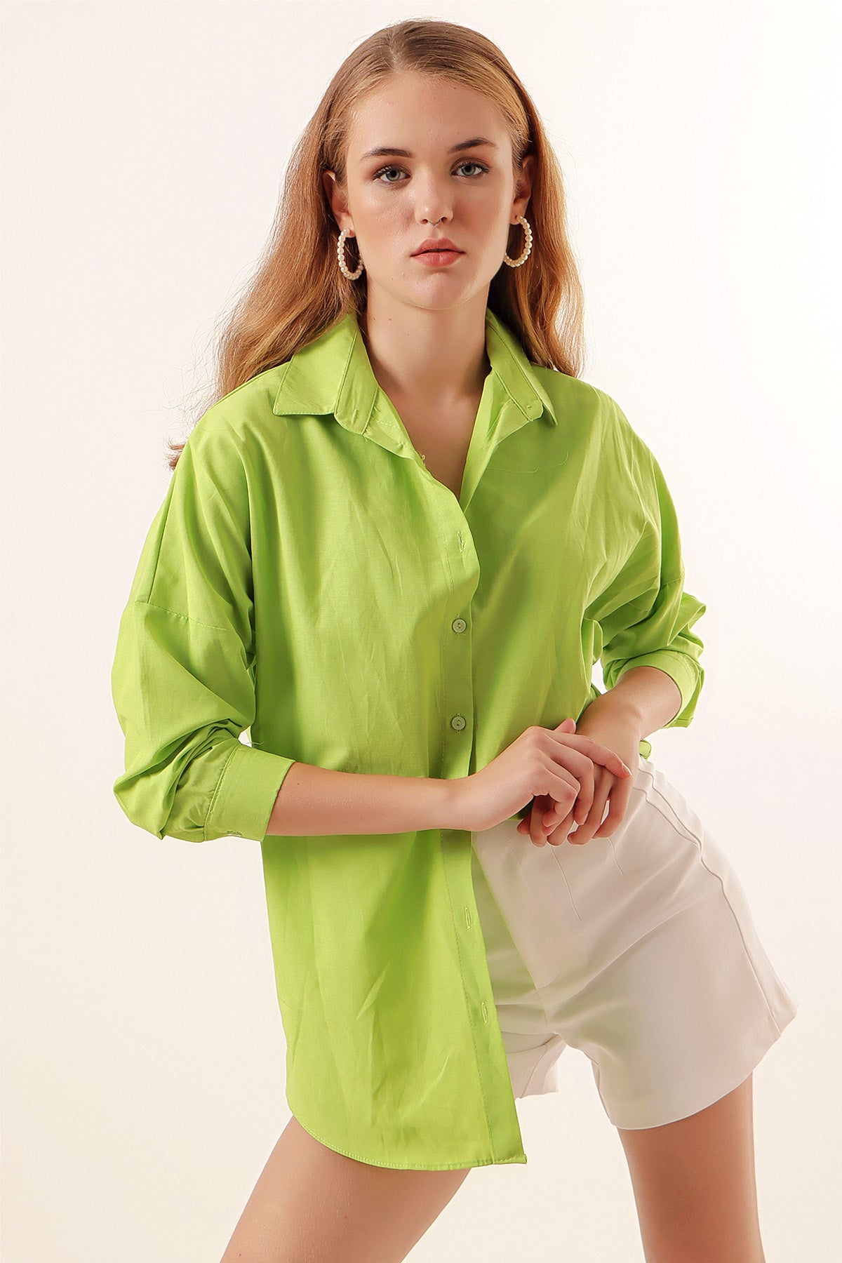 Image of 3900 Oversize Long Basic Shirt - Light Green
