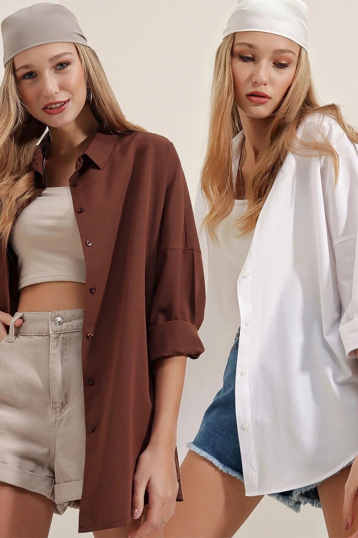 Image of 3900 Oversize Uzun Basic Gömlek İkili Paket - Beyaz Ve Kahve