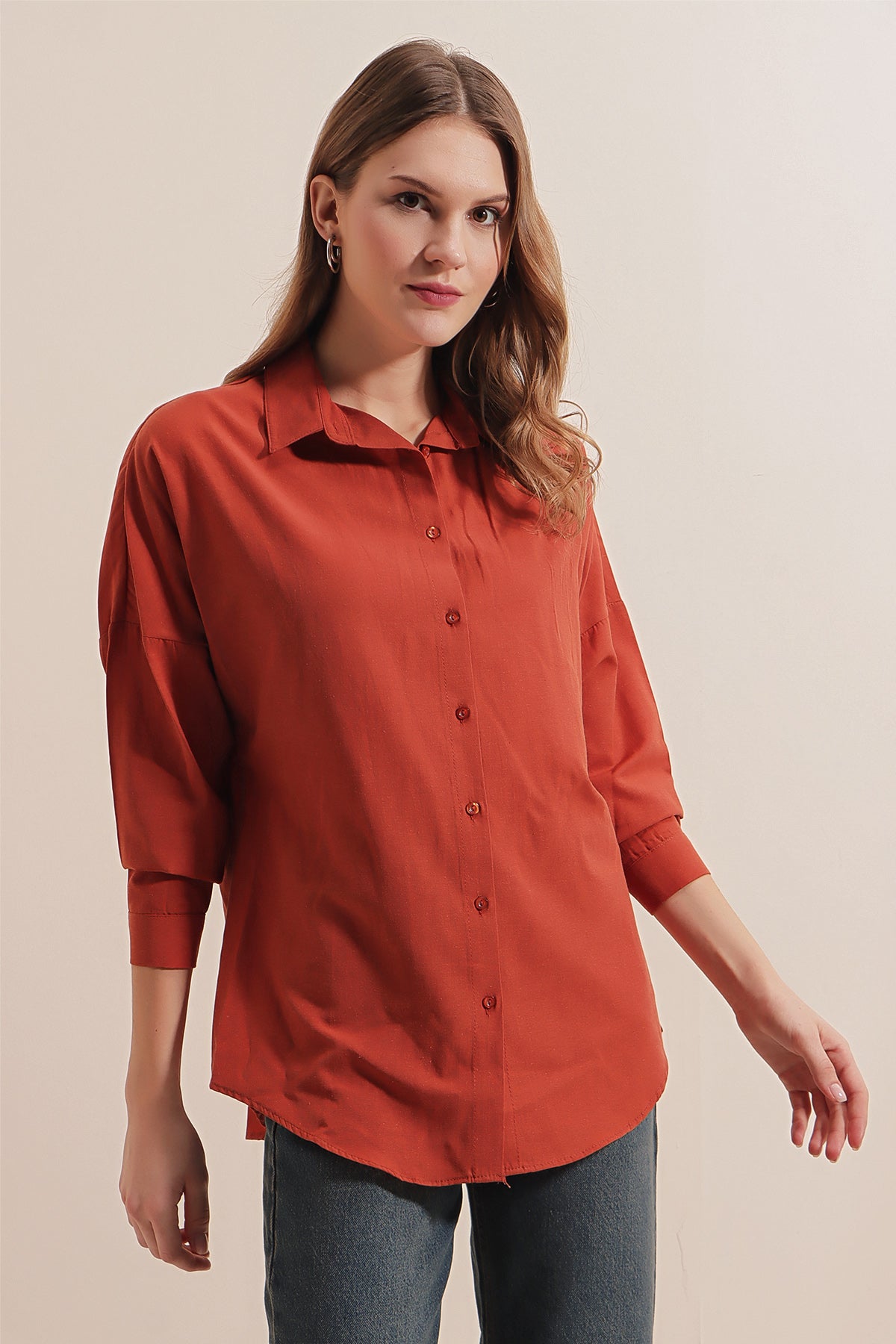 Image of 3900 Oversize Uzun Basic Gömlek - Kiremit