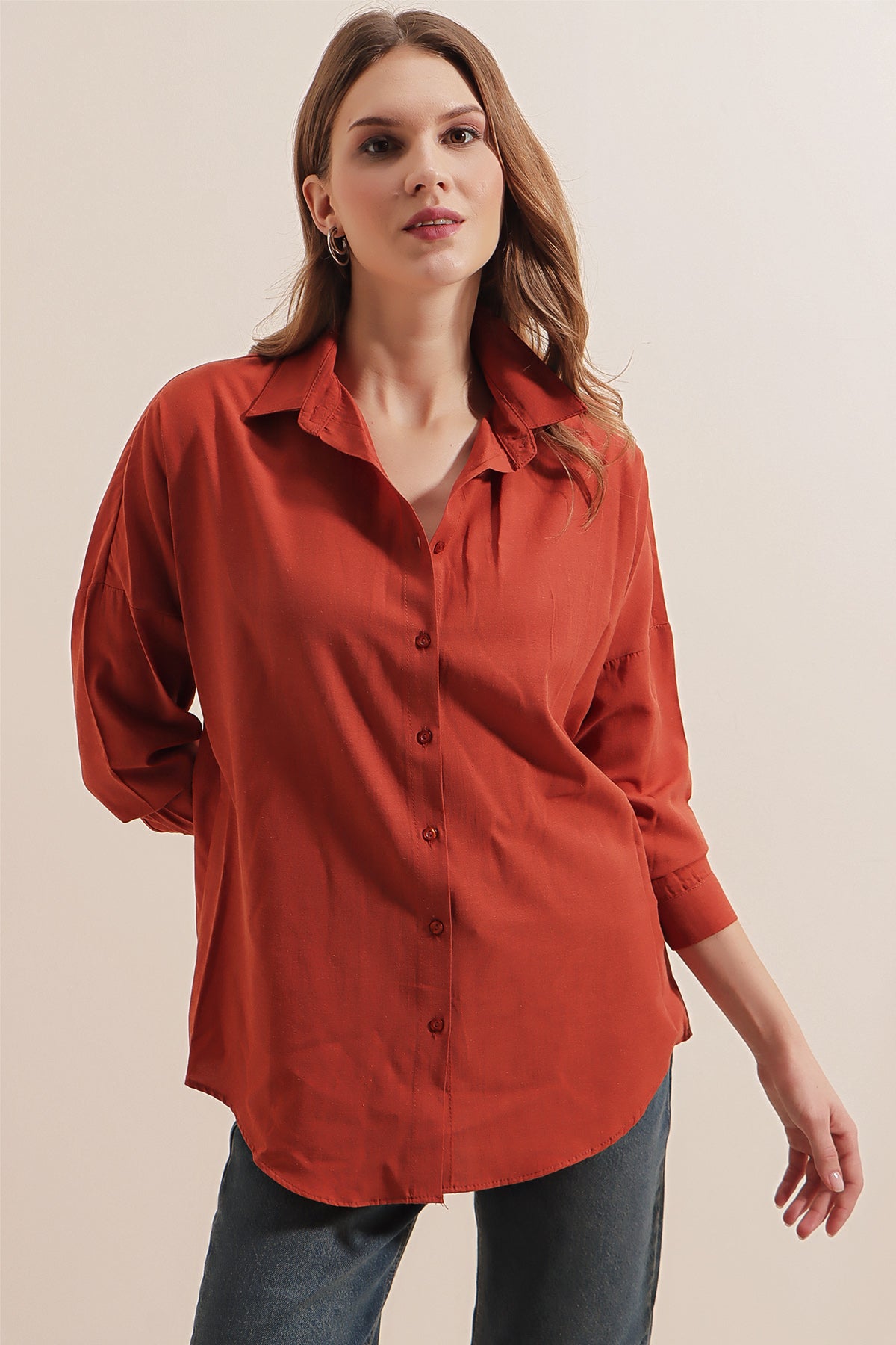 Image of 3900 Oversize Uzun Basic Gömlek - Kiremit