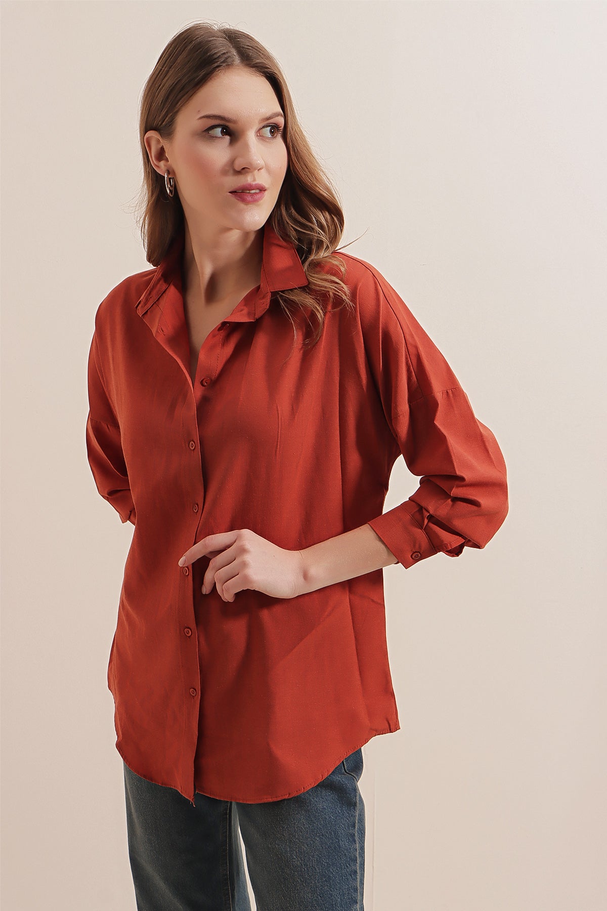 Image of 3900 Oversize Uzun Basic Gömlek - Kiremit