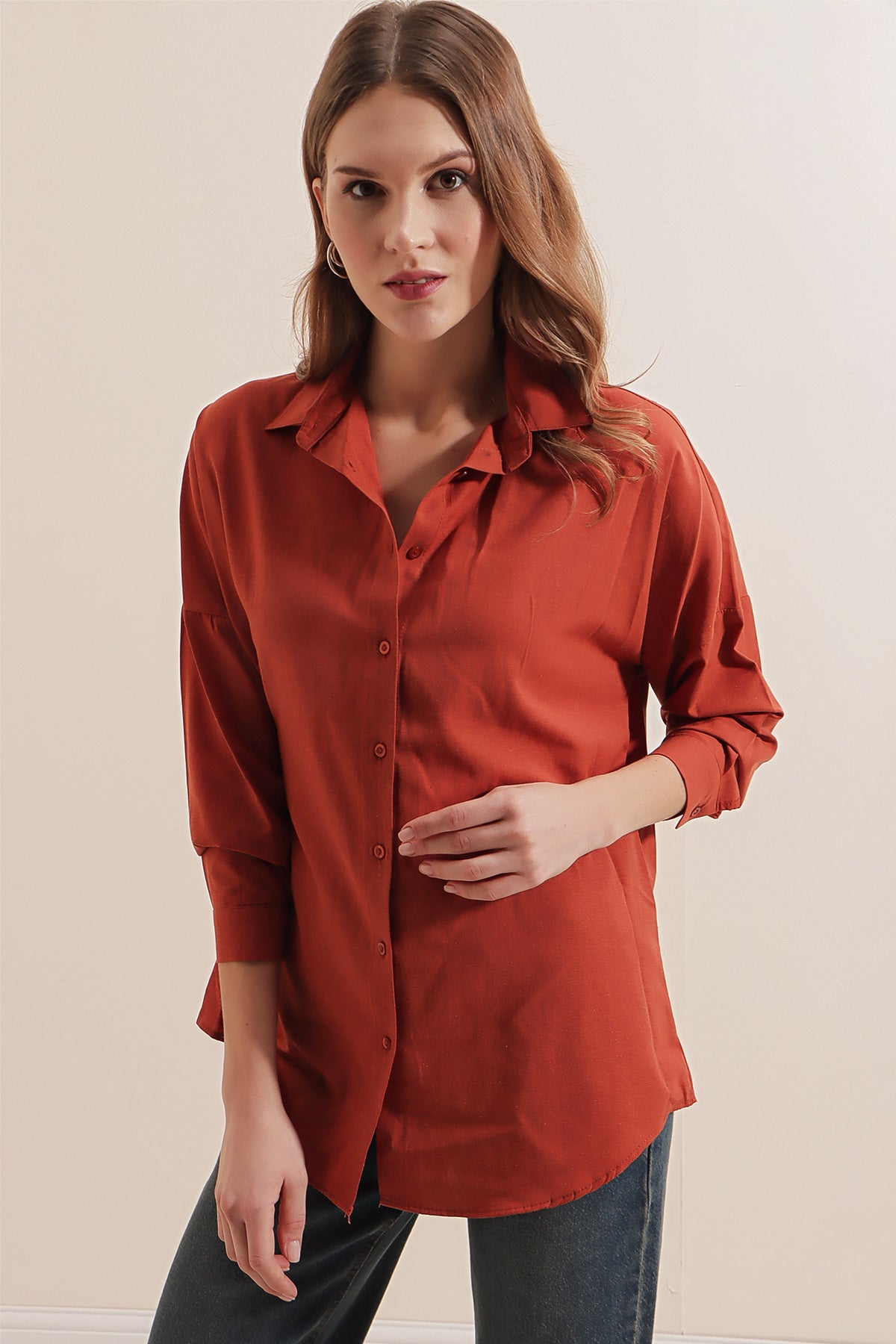 Image of 3900 Oversize Uzun Basic Gömlek - Kiremit