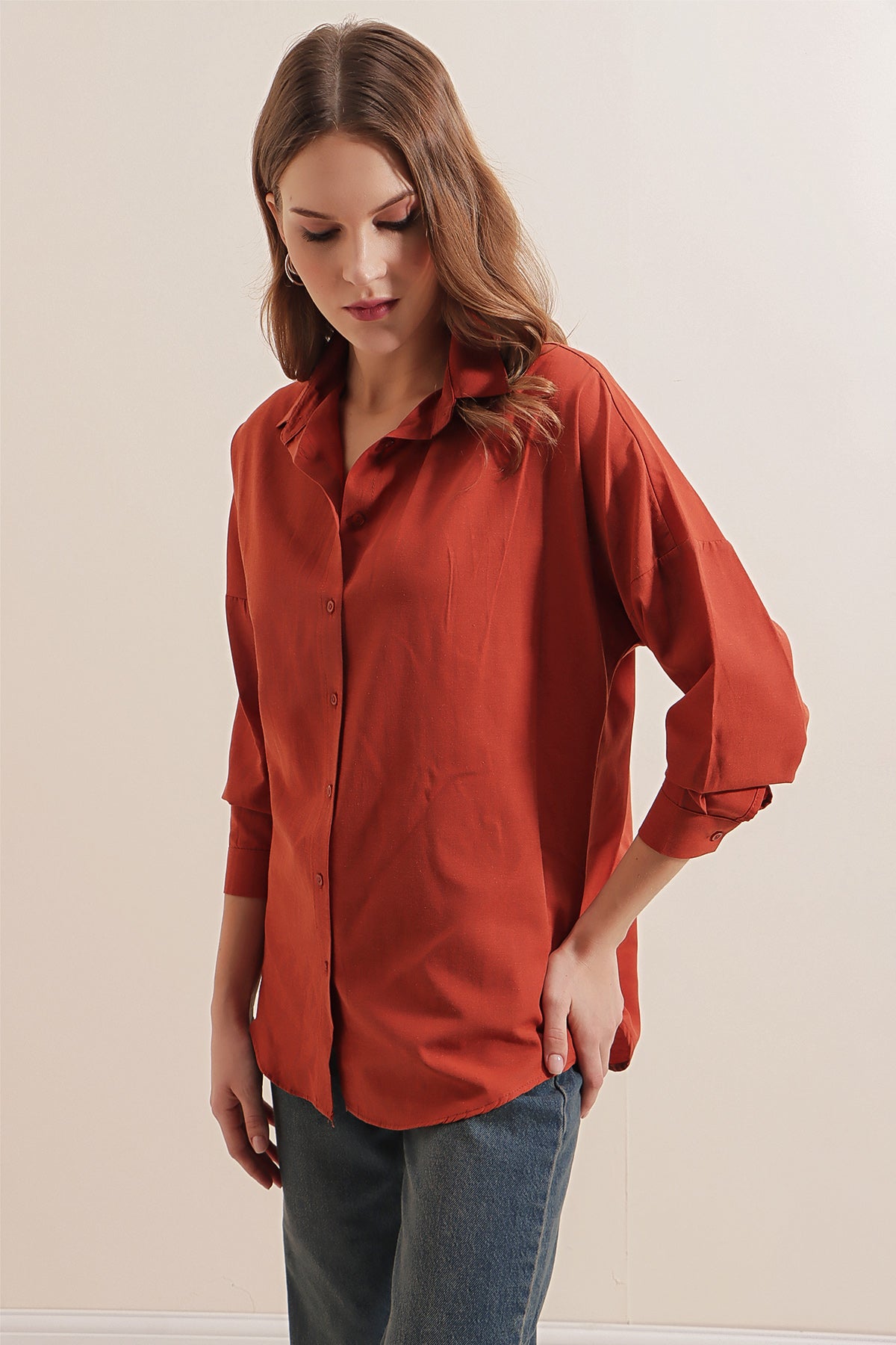 Image of 3900 Oversize Uzun Basic Gömlek - Kiremit