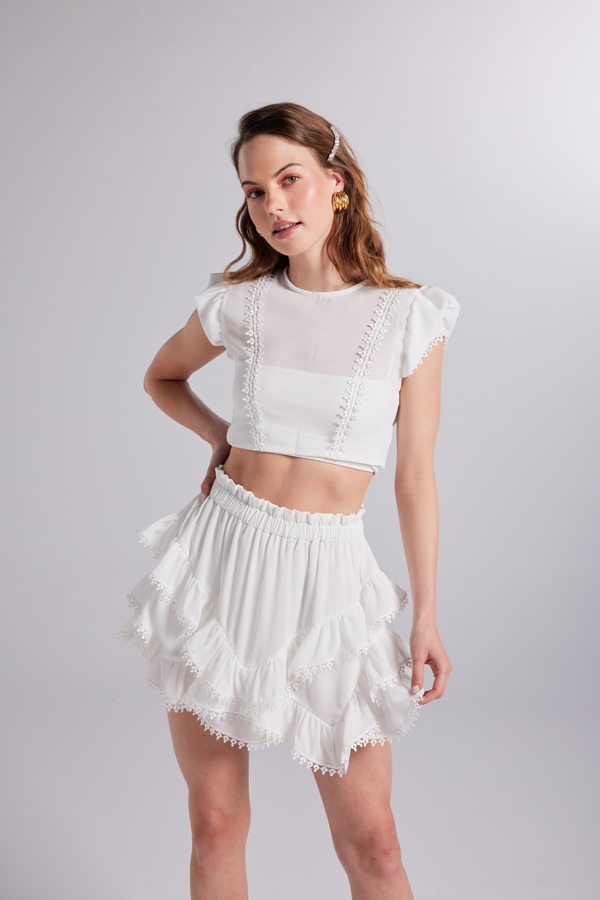 Image of Brode Detaylı Crop Pixie Bluz Beyaz