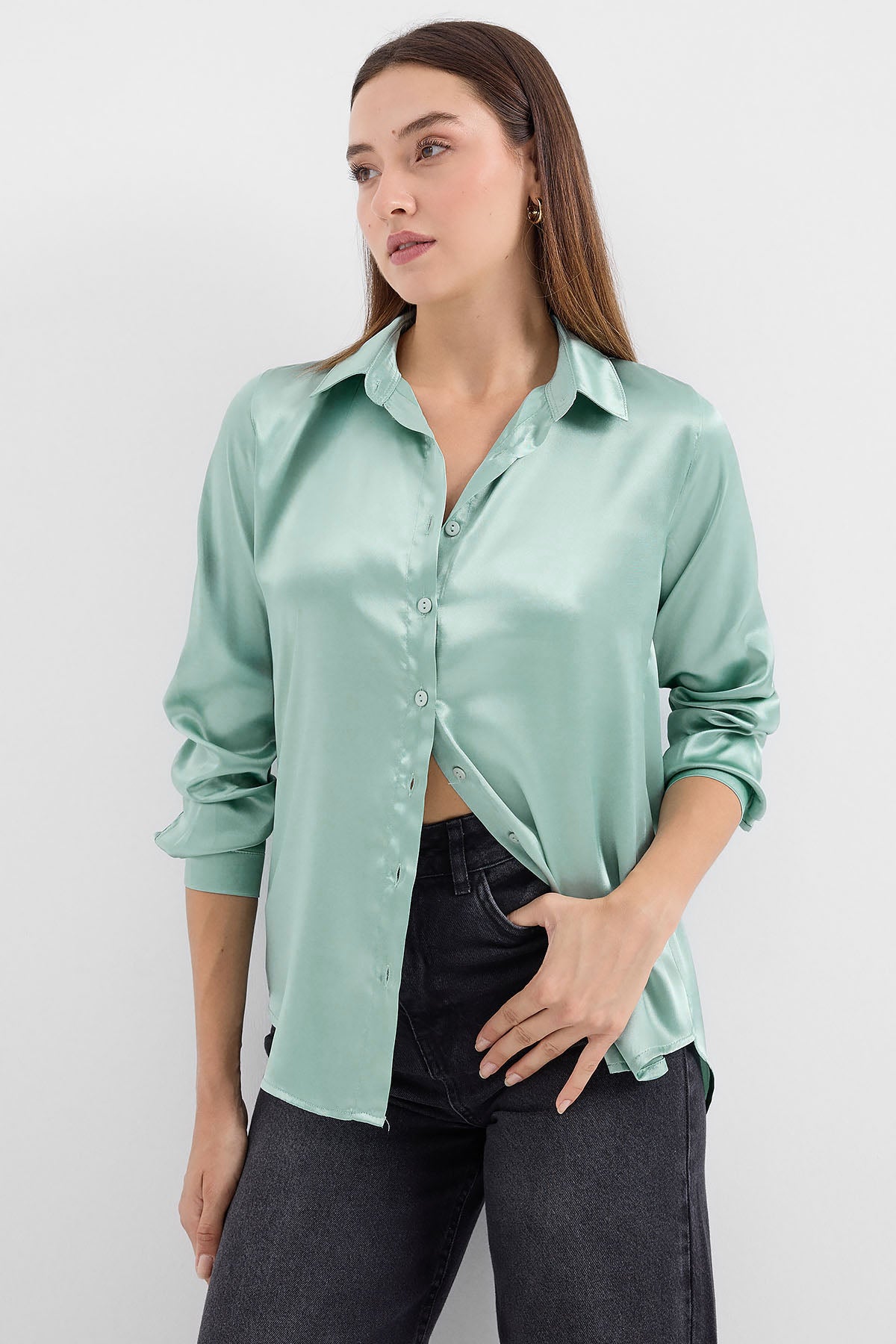 Image of 3964 Lightly Draped Satin Shirt - Light Green