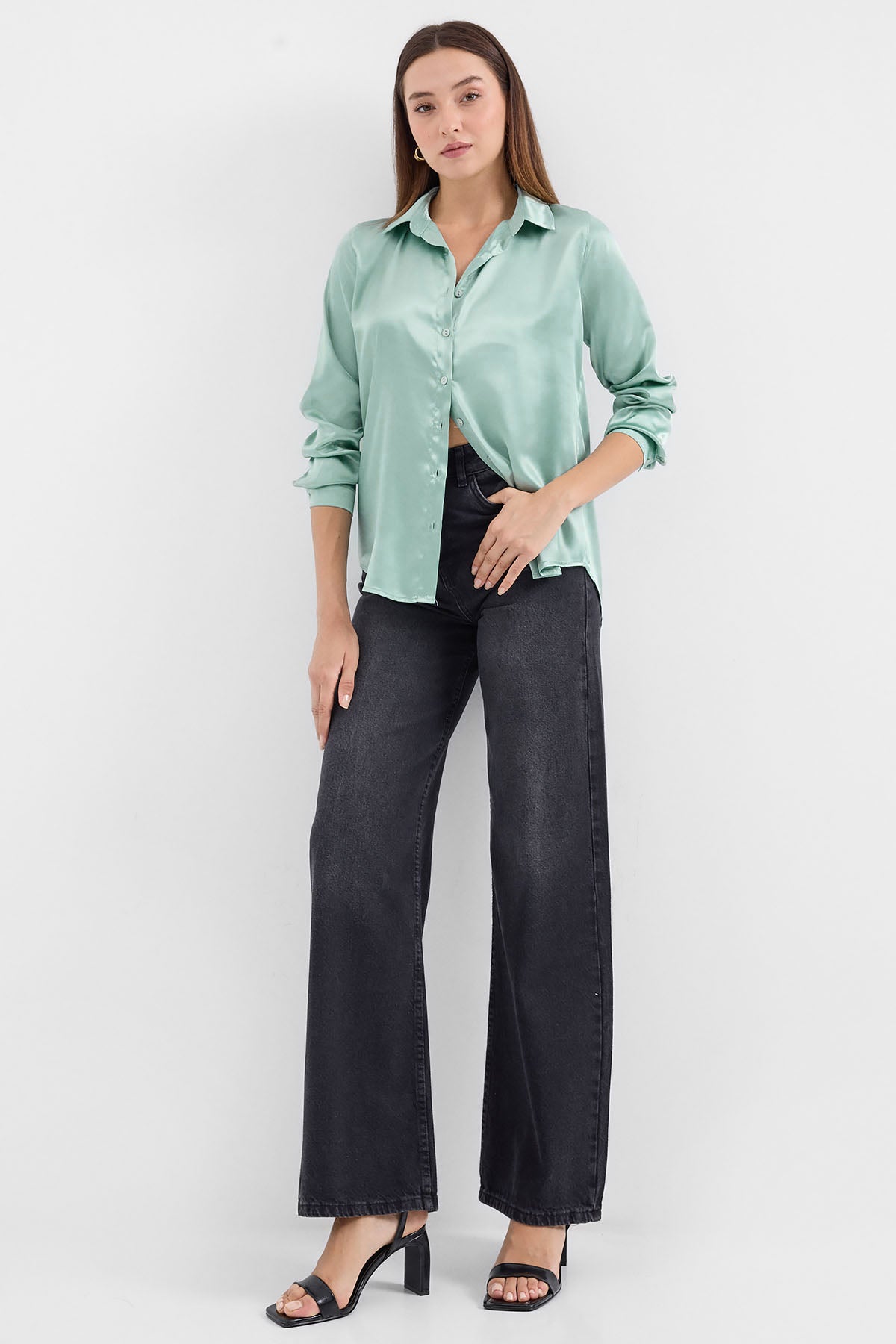 Image of 3964 Lightly Draped Satin Shirt - Light Green