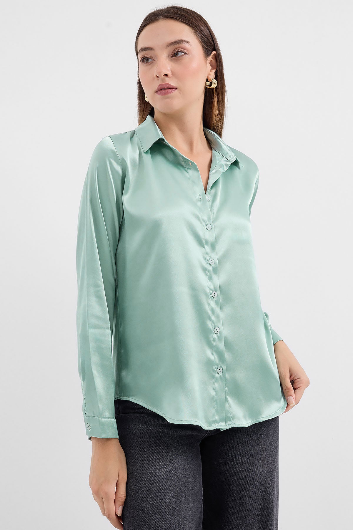 Image of 3964 Lightly Draped Satin Shirt - Light Green