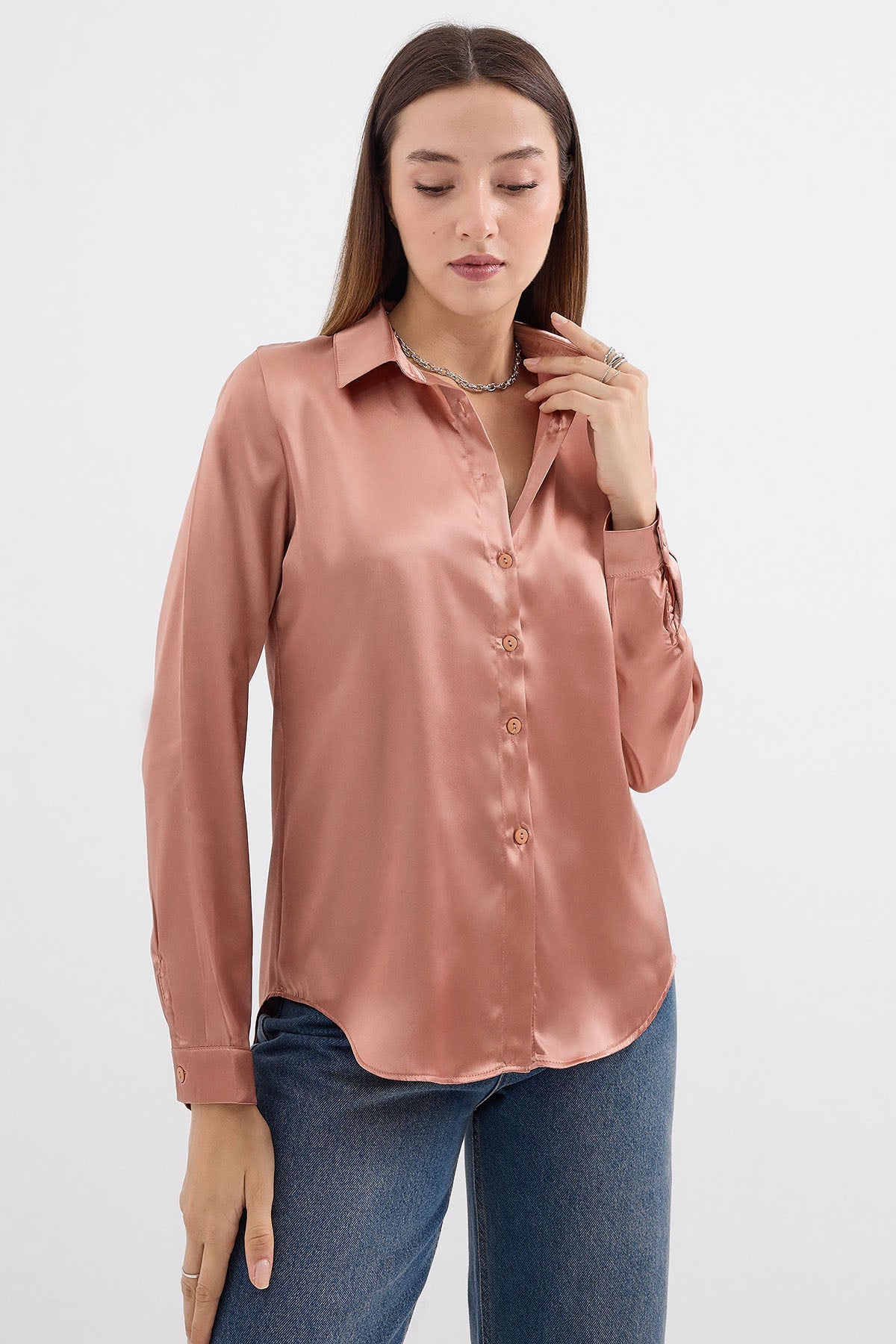 Image of 3964 Lightly Draped Satin Shirt - Camel
