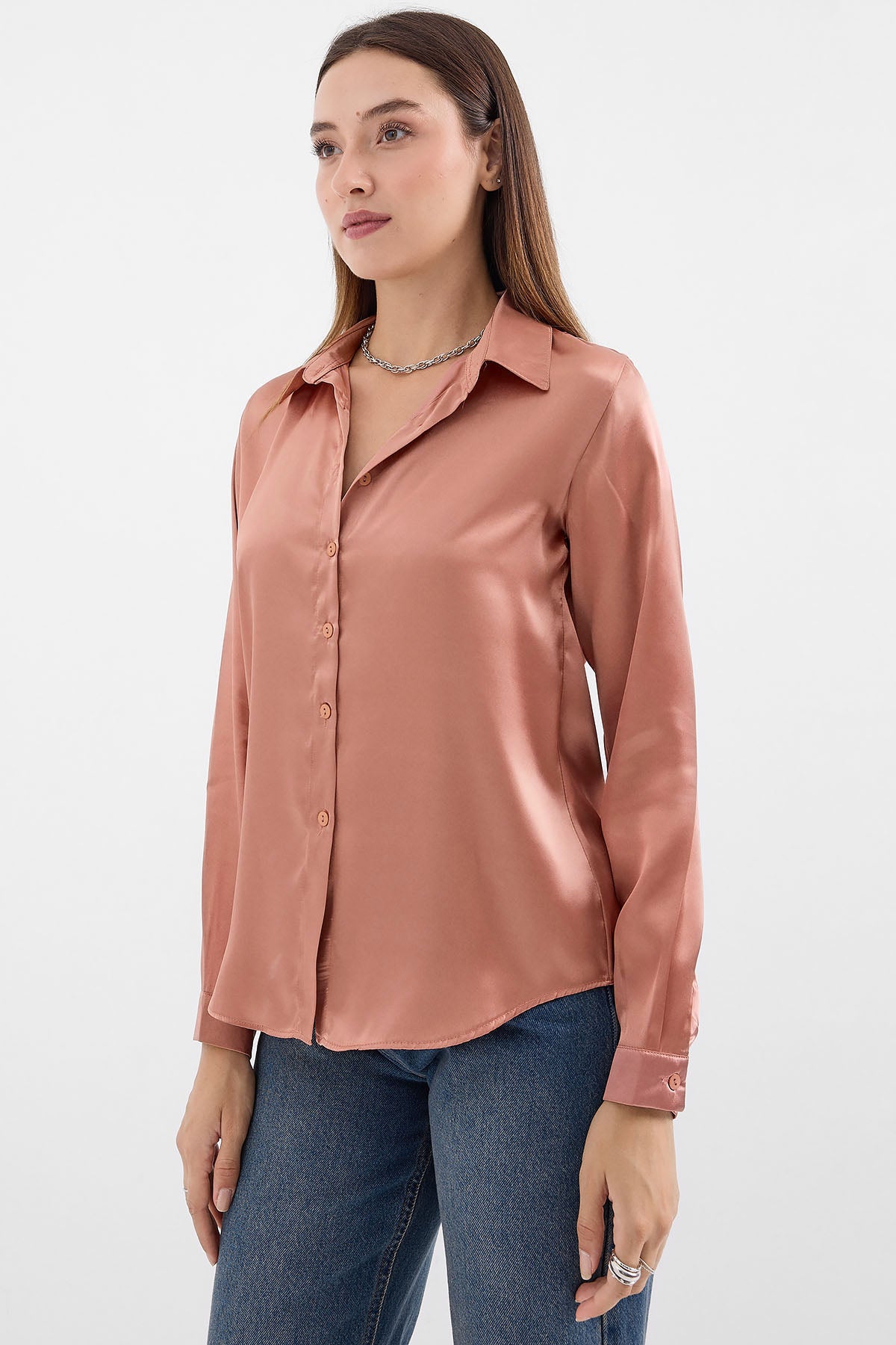 Image of 3964 Lightly Draped Satin Shirt - Camel