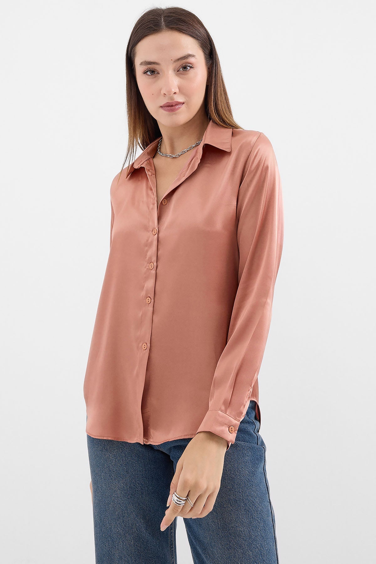Image of 3964 Lightly Draped Satin Shirt - Camel