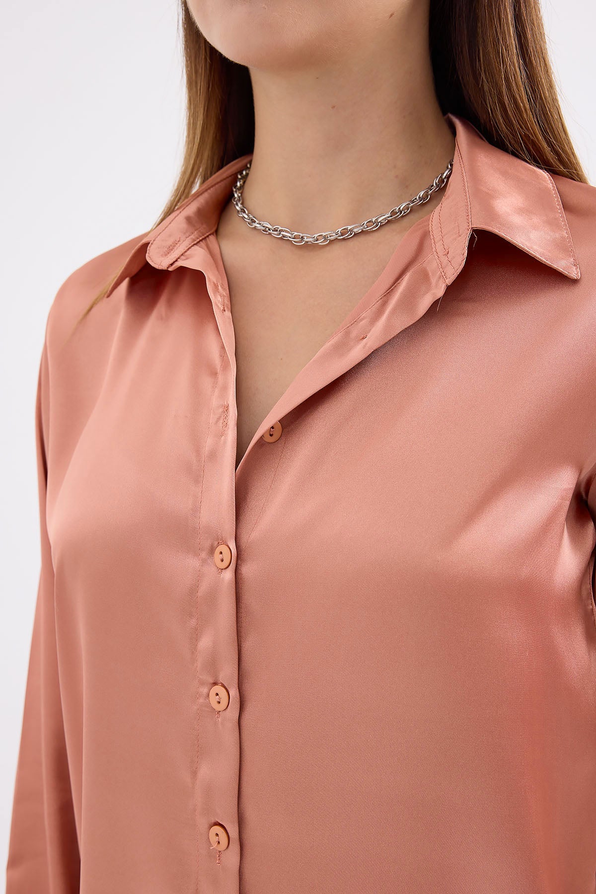 Image of 3964 Lightly Draped Satin Shirt - Camel