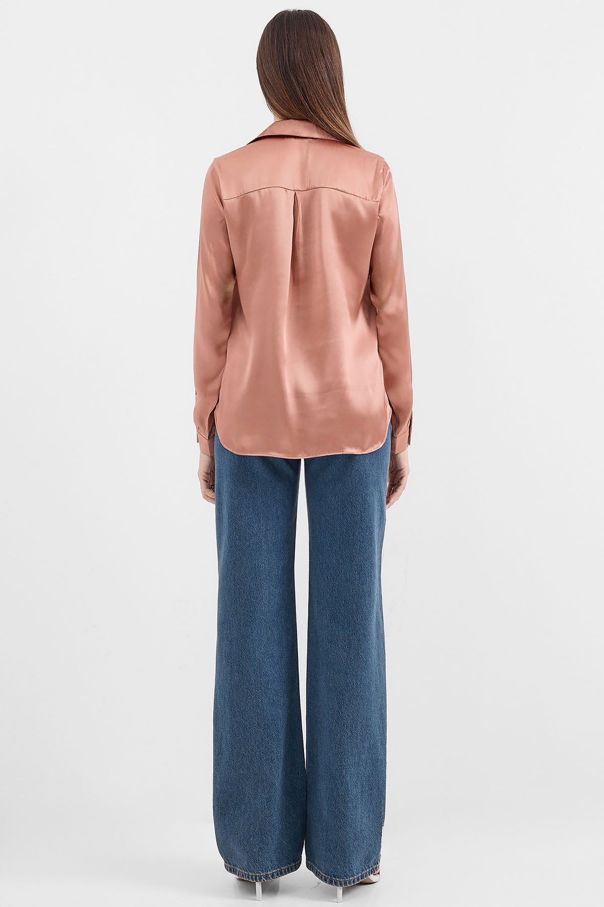 Image of 3964 Lightly Draped Satin Shirt - Camel