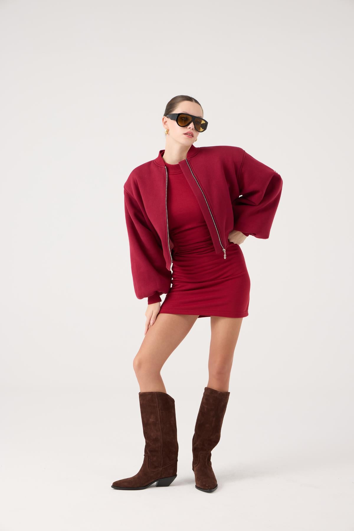 Image of Crop Kesim Vatkalı Parker Bomber Ceket Bordo