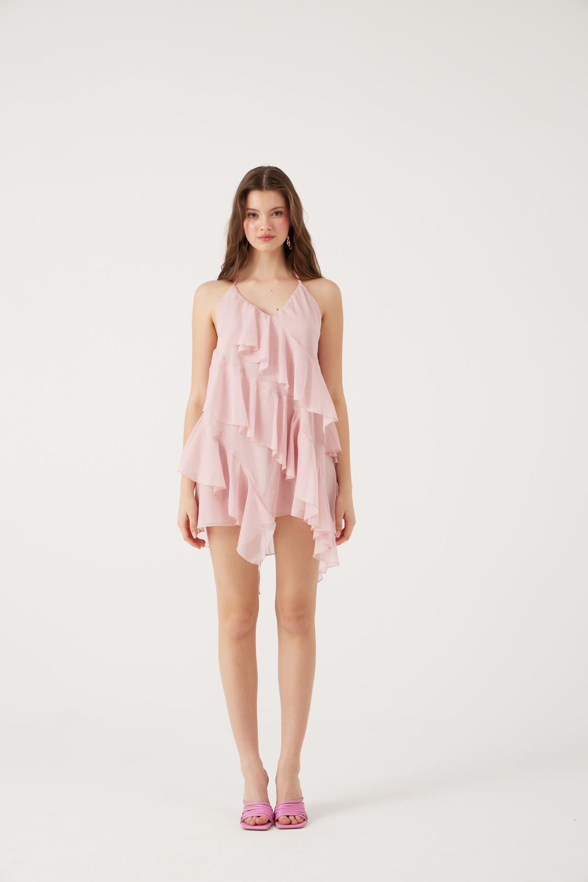 Image of Fırfırlı Boyundan Bağlamalı Mini Lea Elbise Pembe