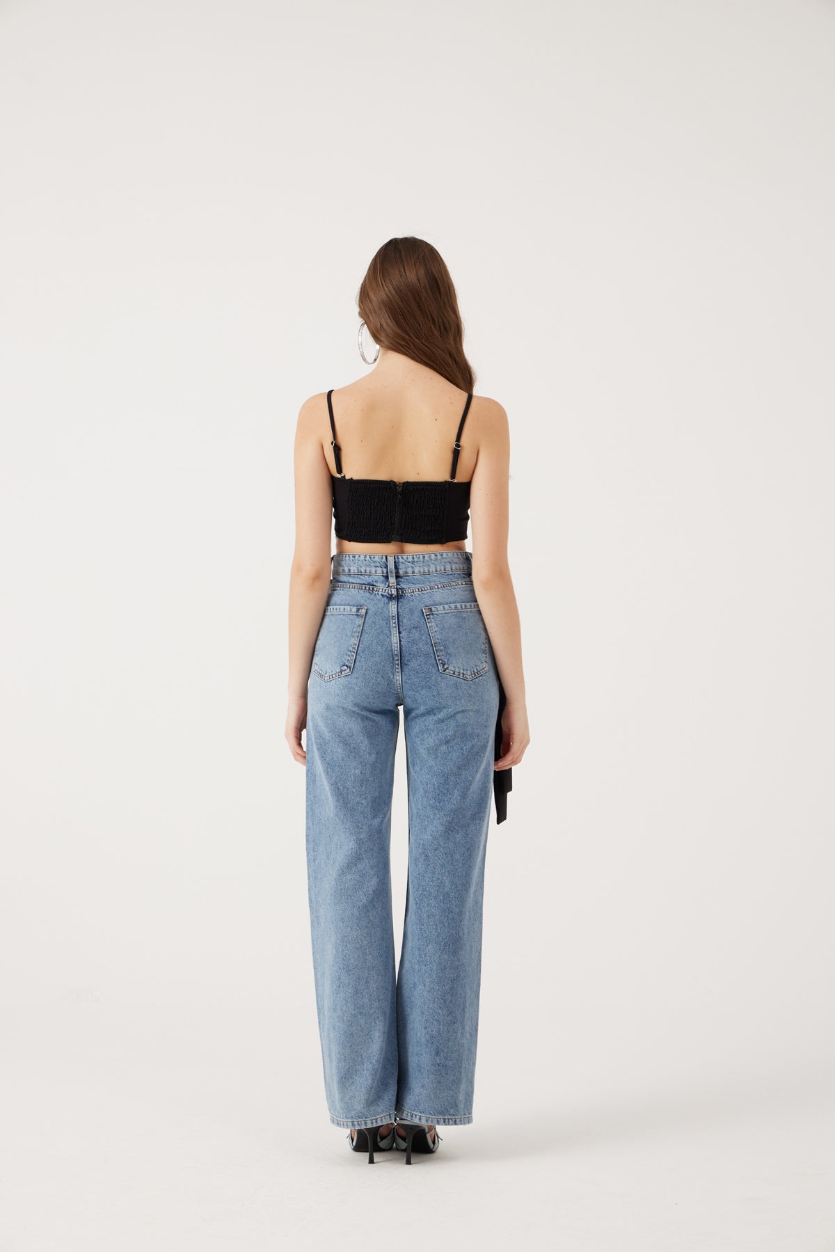 Image of Yüksek Bel Kurdele Detaylı Wide Leg Kyla Jean Pantolon Siyah