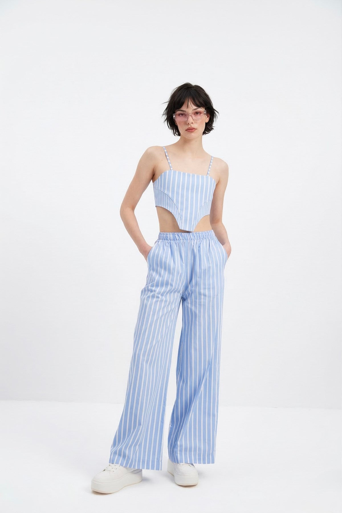 Image of Beli Lastikli Çizgili Harmony Poplin Pantolon Mavi