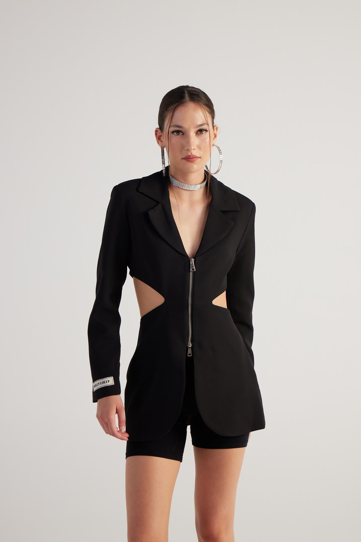 Image of Bel Dekolteli Fermuarlı Voila Blazer Ceket Siyah