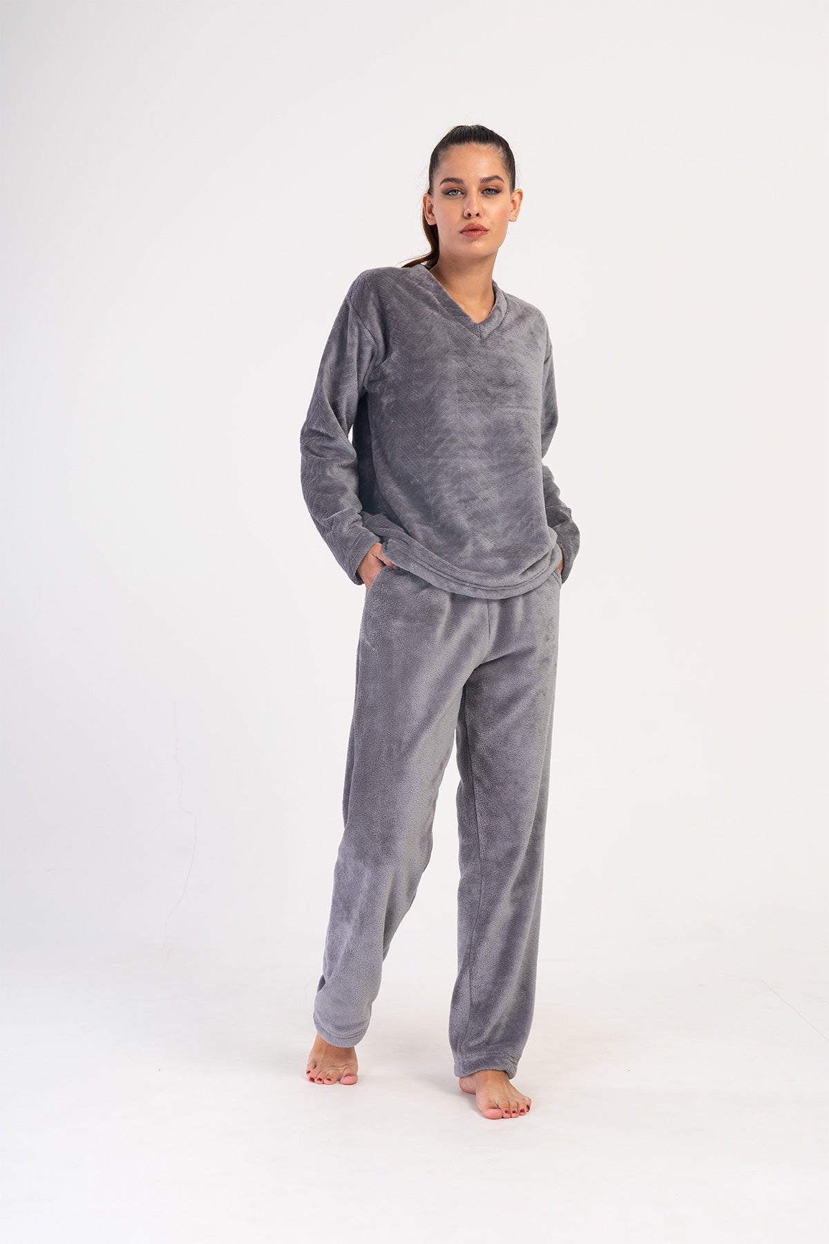 Image of KADIN J.ULTRASOFT O YAKA DUSUK OMUZLU UZUN KOL CEPLI PIJAMA TAKIM