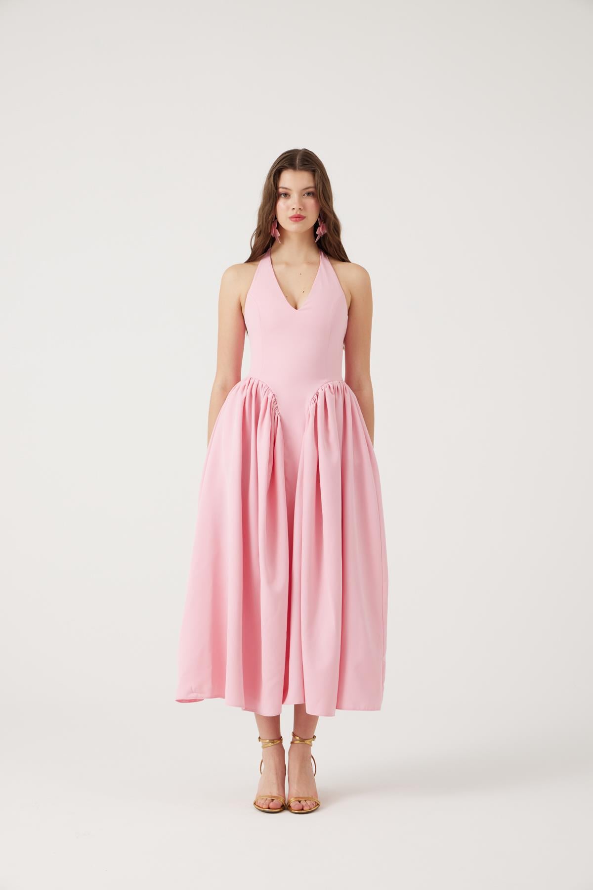 Image of Boyundan Bağlamalı Bele Oturan Uzun Ophelia Elbise Pembe