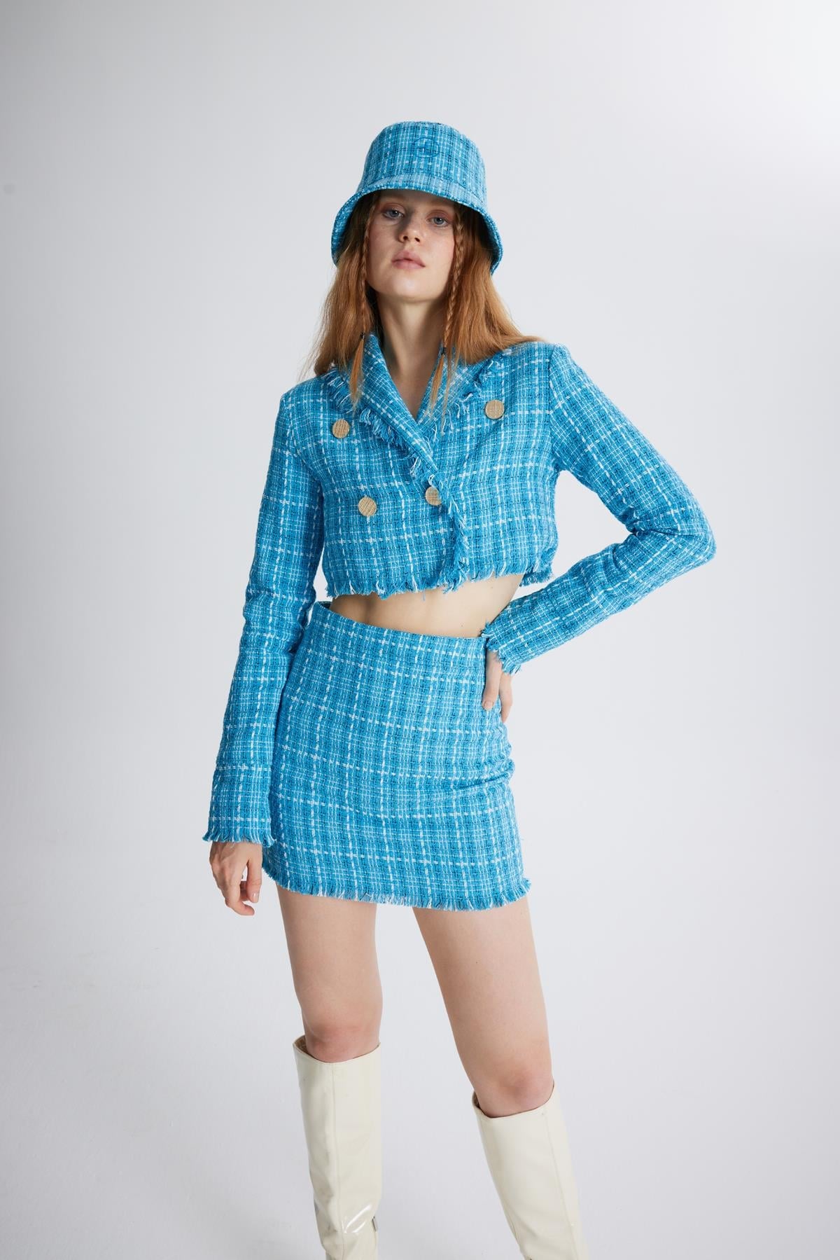 Image of Tüvit Kumaş Logolu Bucket Tweed Şapka Mavi