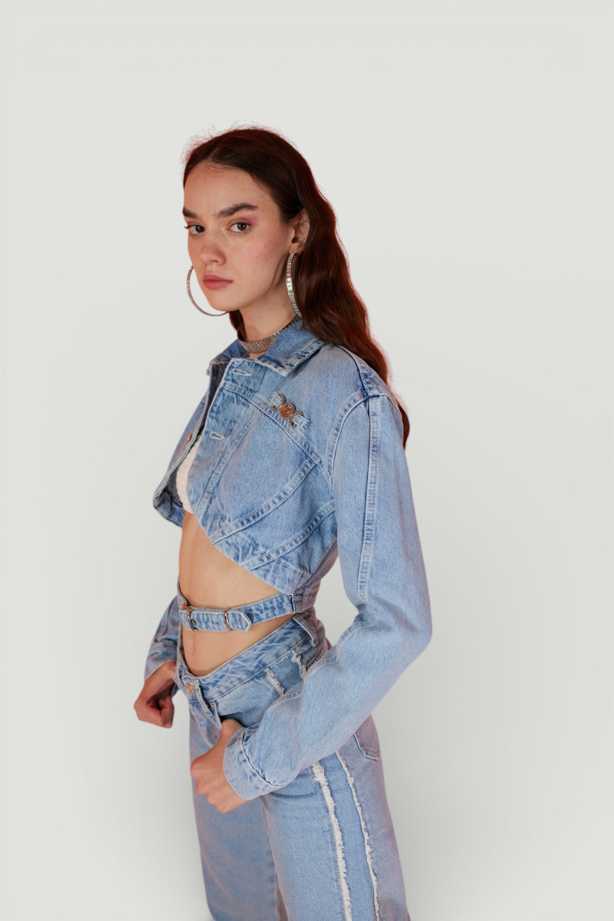 Image of Crop Model Düğme Kapamalı Biana Jean Ceket Mavi