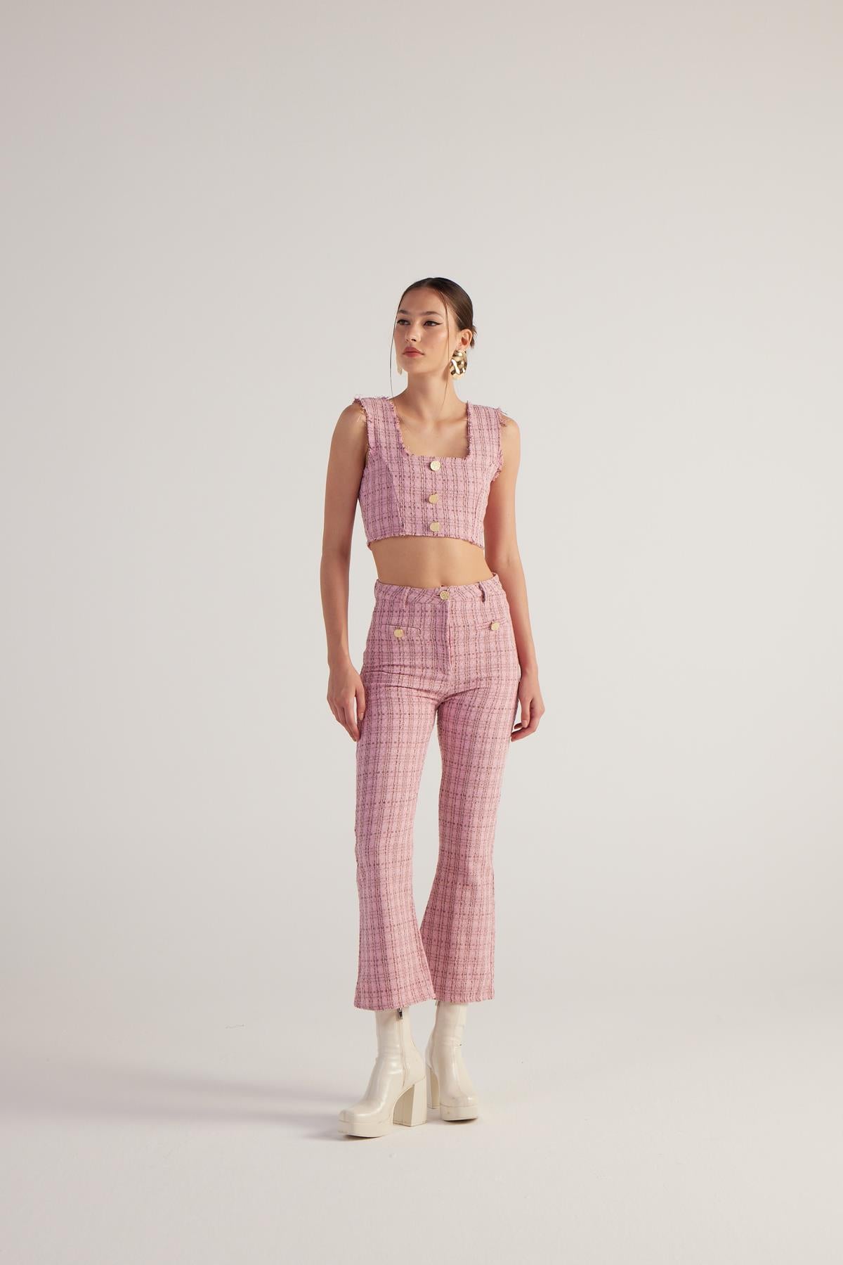 Image of İspanyol Kesim Tüvit Tweed Pantolon Pembe