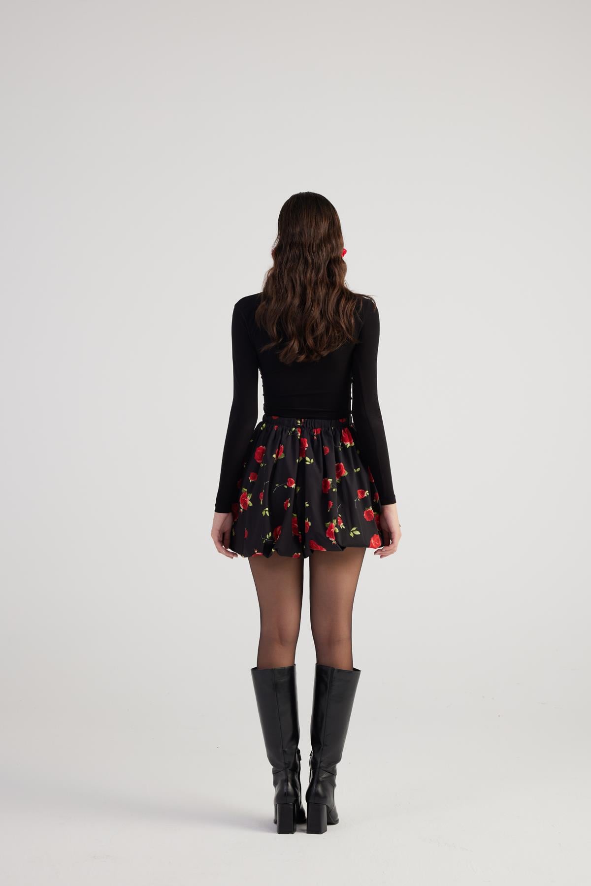 Image of Balon Model Gül Desenli Mini Donna Etek Siyah