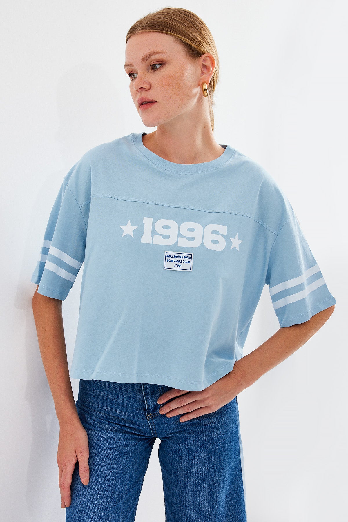 Image of 4322 Baskılı Oversize Basic Tişört - Mavi