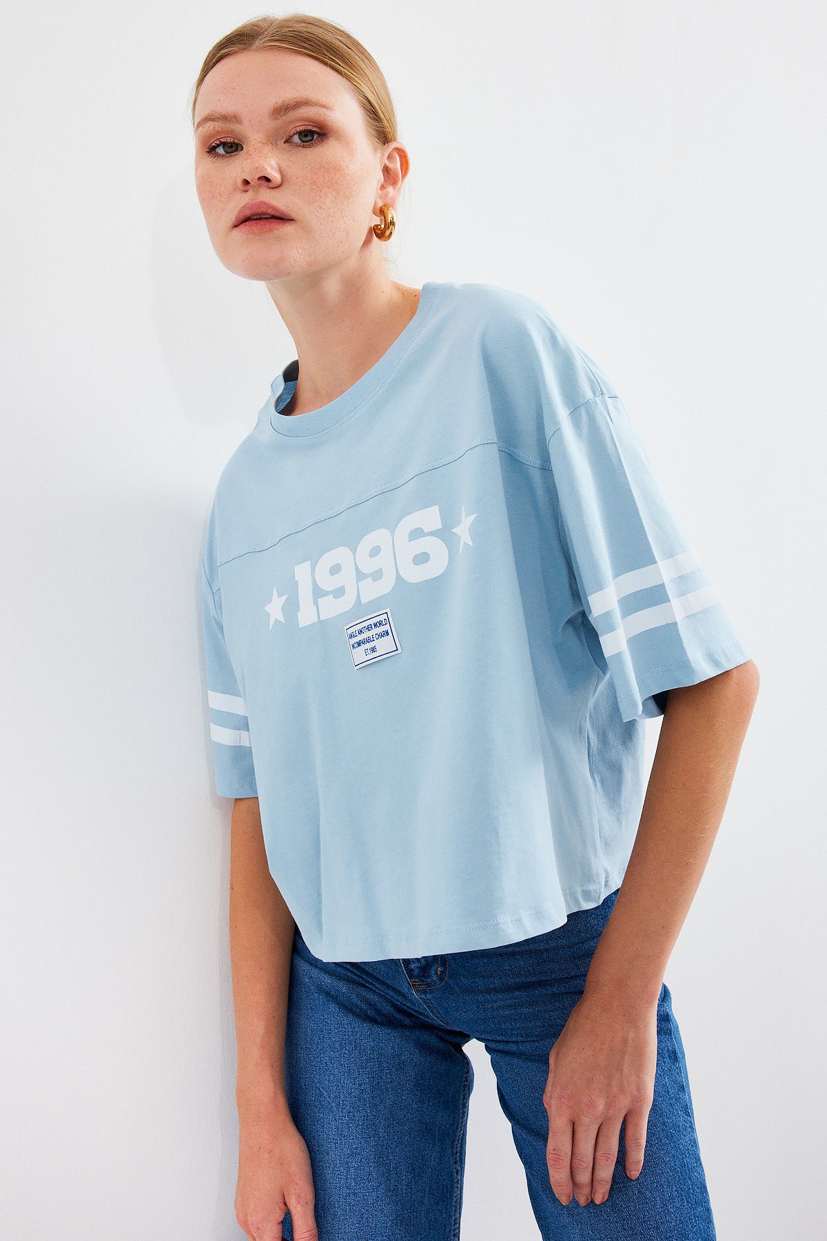 Image of 4322 Baskılı Oversize Basic Tişört - Mavi