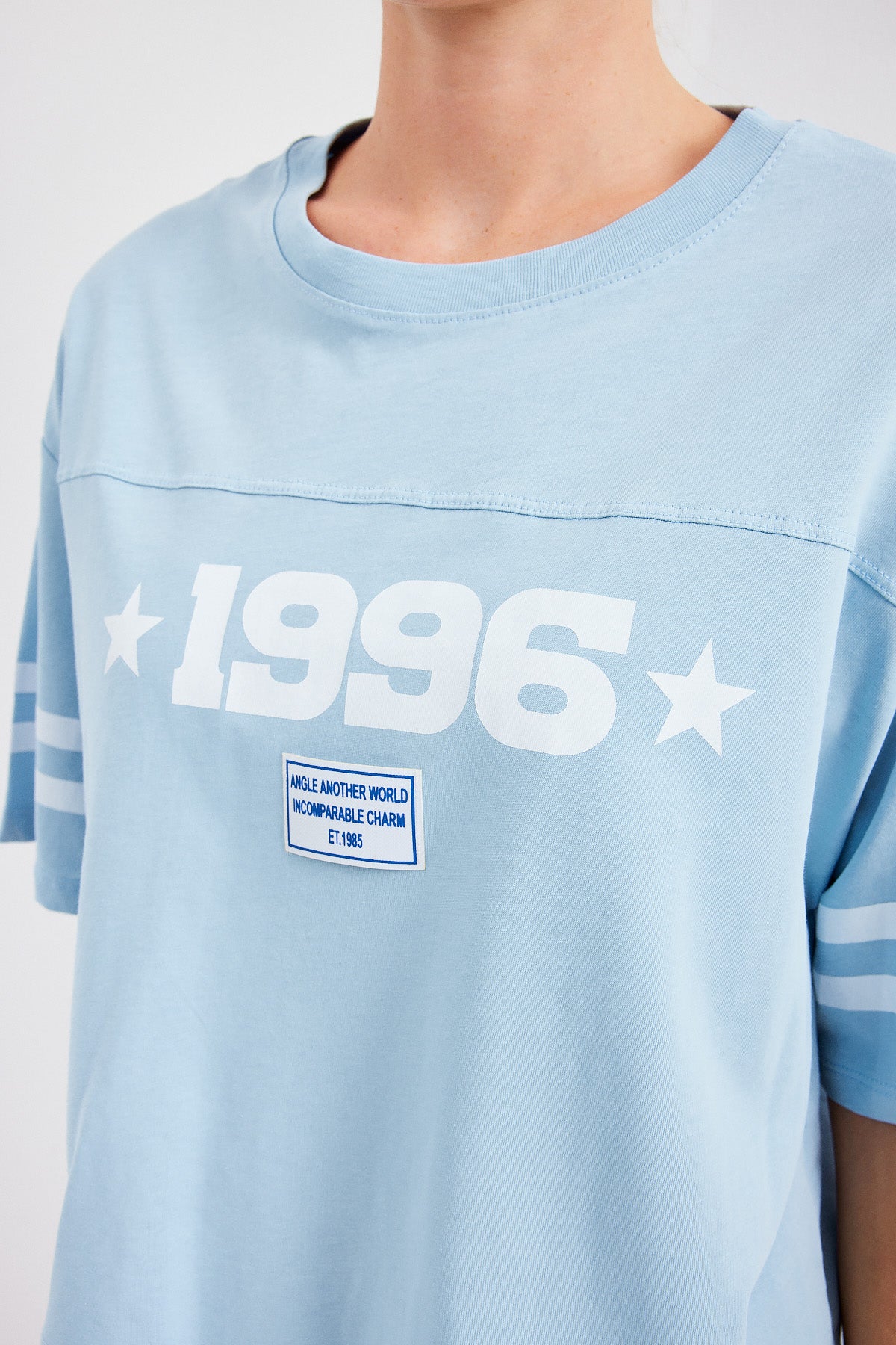 Image of 4322 Baskılı Oversize Basic Tişört - Mavi
